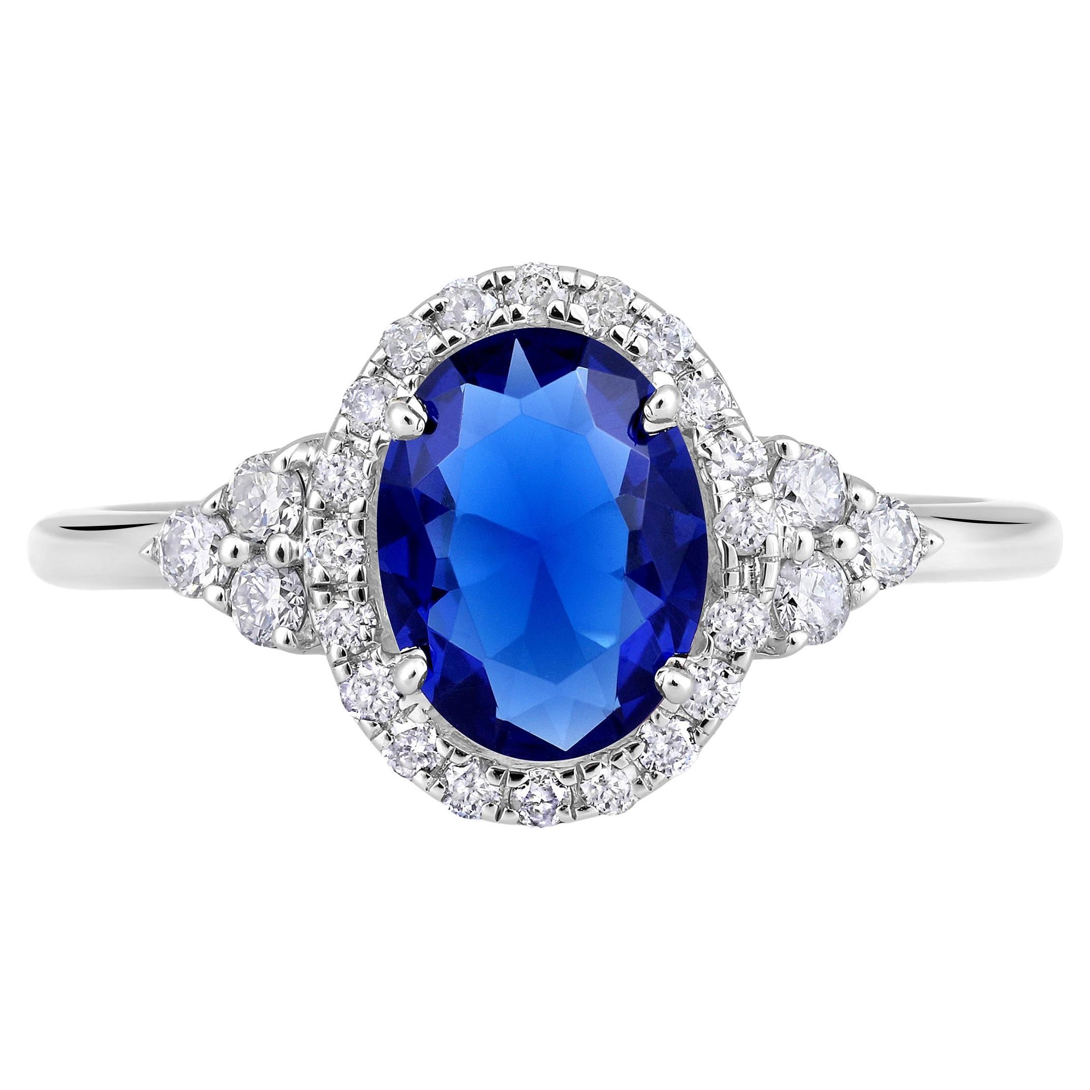 Certified 10k Gold 1.34 Carat Natural Diamond W/ Lab Sapphire Oval Halo Ring For Sale
