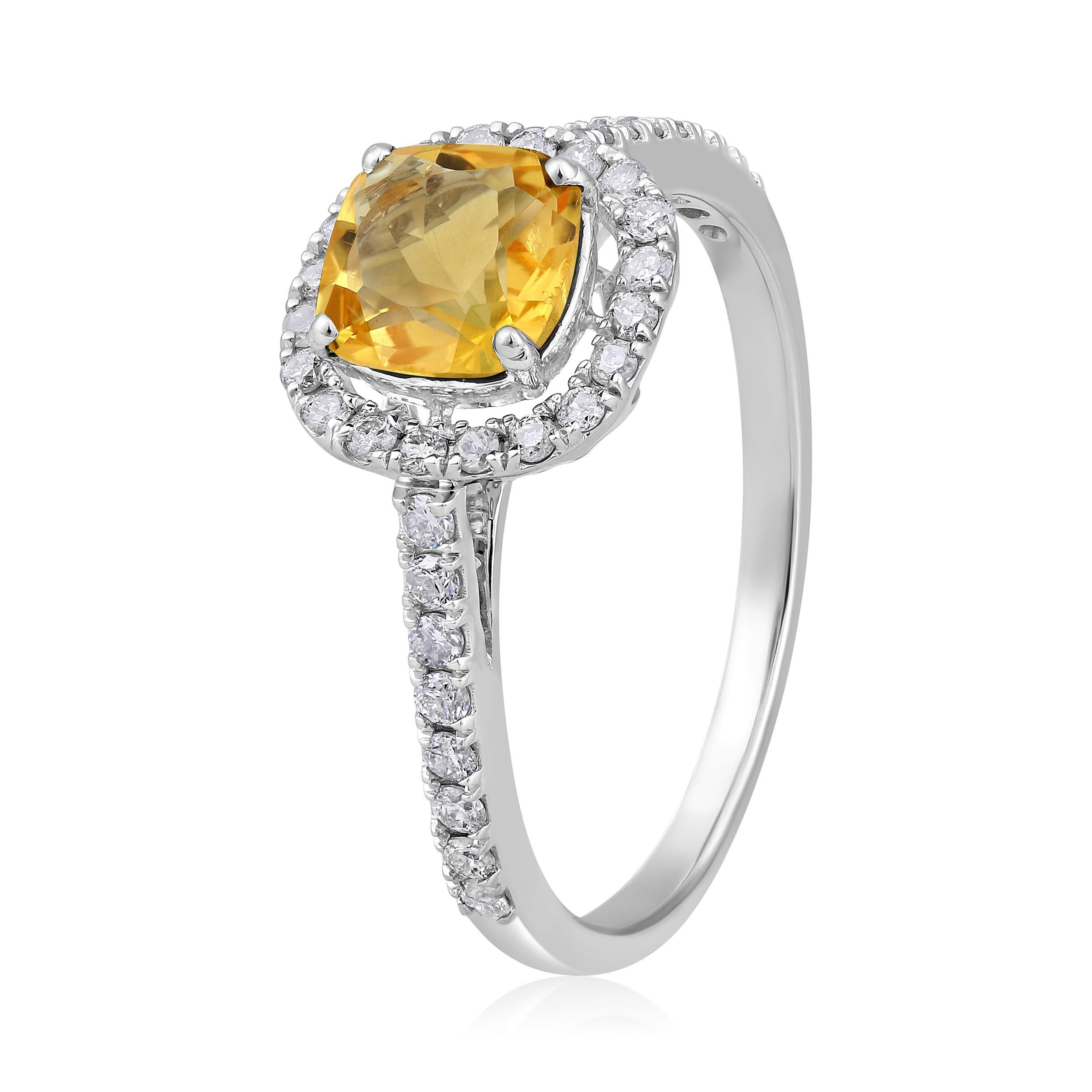 Ring Size: US 7 

Crafted in 2.02 grams of 10K White Gold, the ring contains 36 stones of Round Diamonds with a total of 0.325 carat in F-G color and I1-I2 clarity combined with 1 stone of Lab Created Citrine Gemstone with a total of 0.978