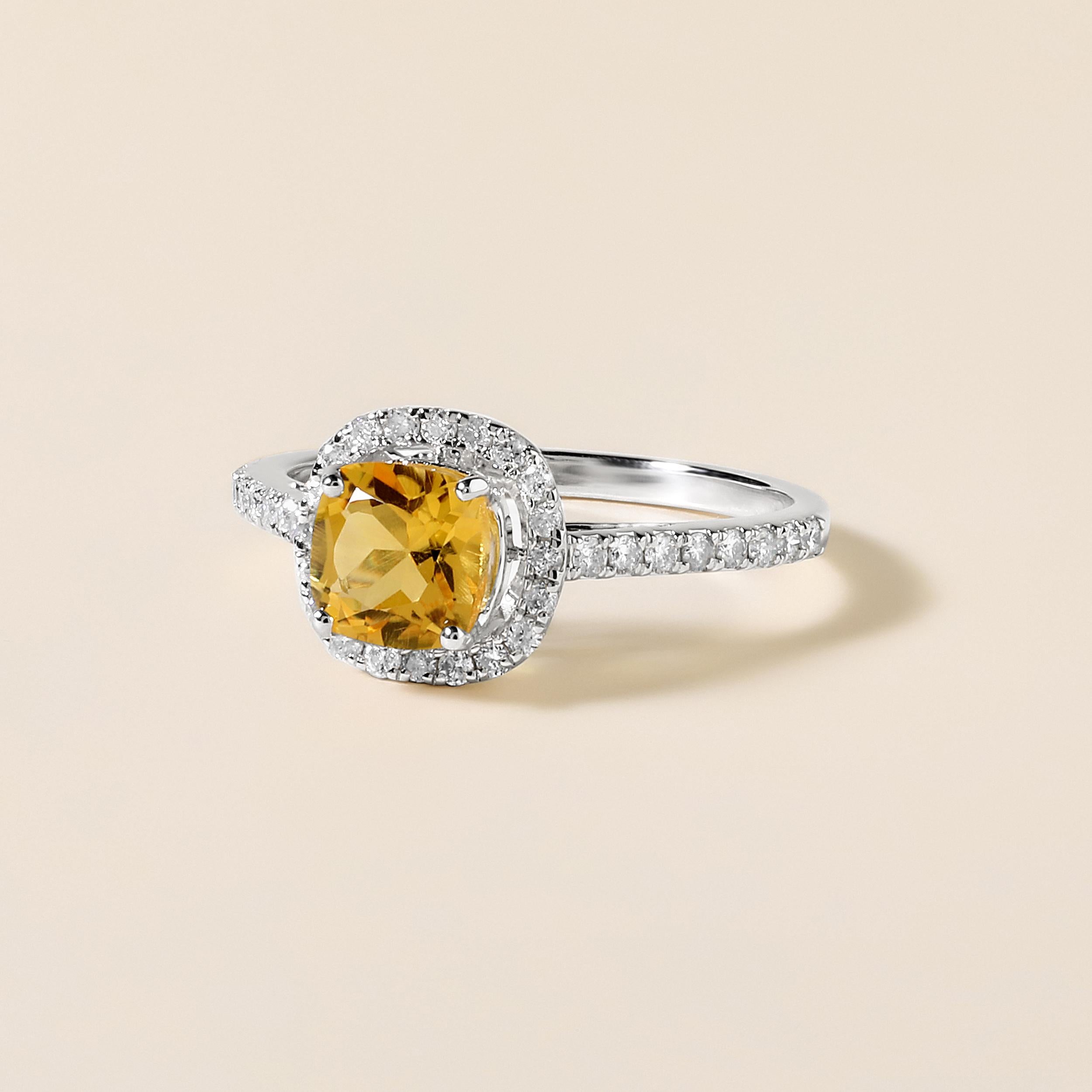 Contemporary Certified 10k Gold 1.3ct Natural Diamond W/ Lab Citrine November Cushion Ring For Sale