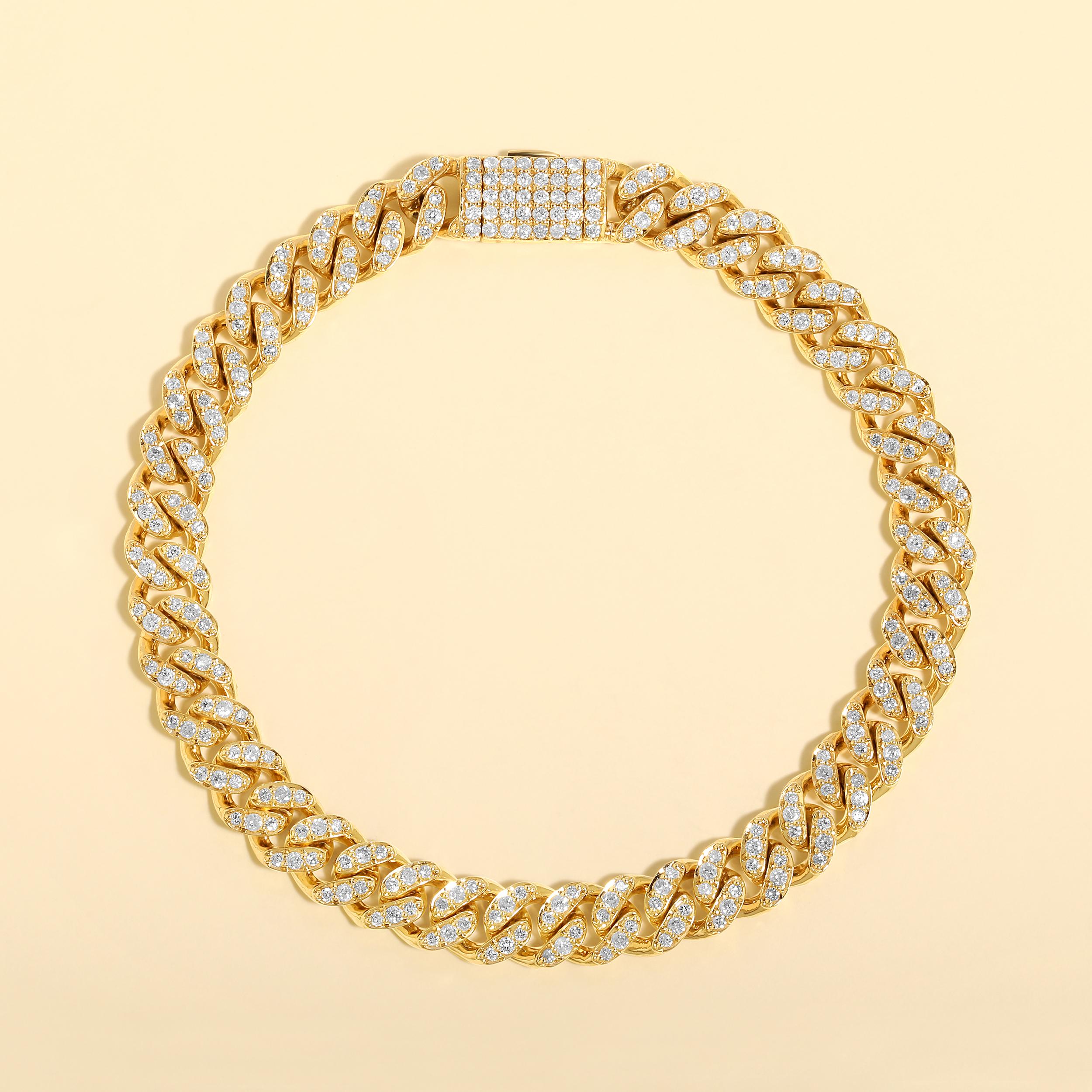 Crafted in 17.99 grams of 10K Yellow Gold, the bracelet contains 286 stones of Round Natural Diamonds with a total of 2.34 carat in F-G color and I1-I2 clarity. The bracelet length is 7.5 inches.

CONTEMPORARY AND TIMELESS ESSENCE: Crafted in