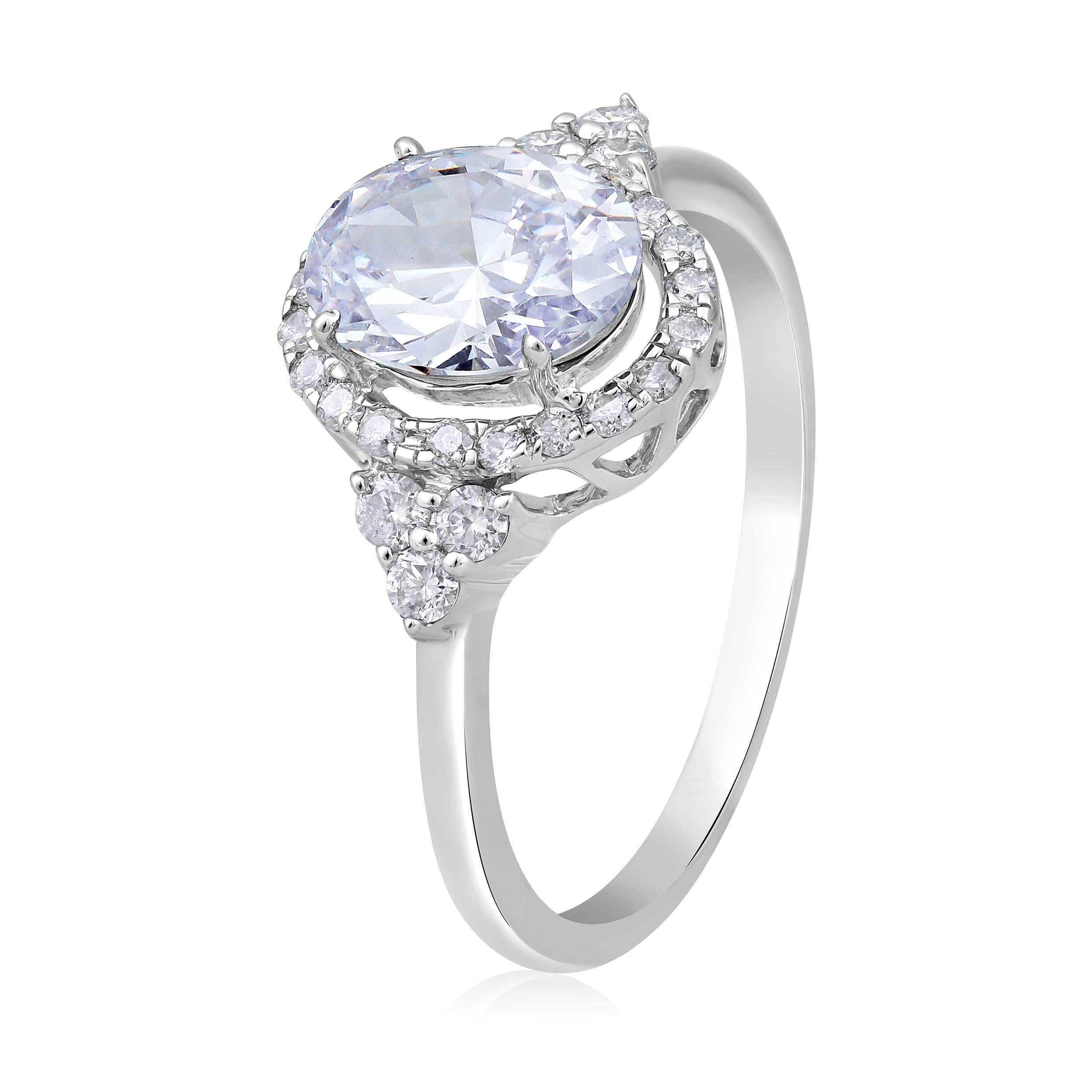 Ring Size: US 7 

Crafted in 2.58 grams of 10K White Gold, the ring contains 26 stones of Round Diamonds with a total of 0.296 carat in F-G color and I1-I2 clarity combined with 1 stone of Cubic Zirconia with a total of 2.055 carat.

CONTEMPORARY