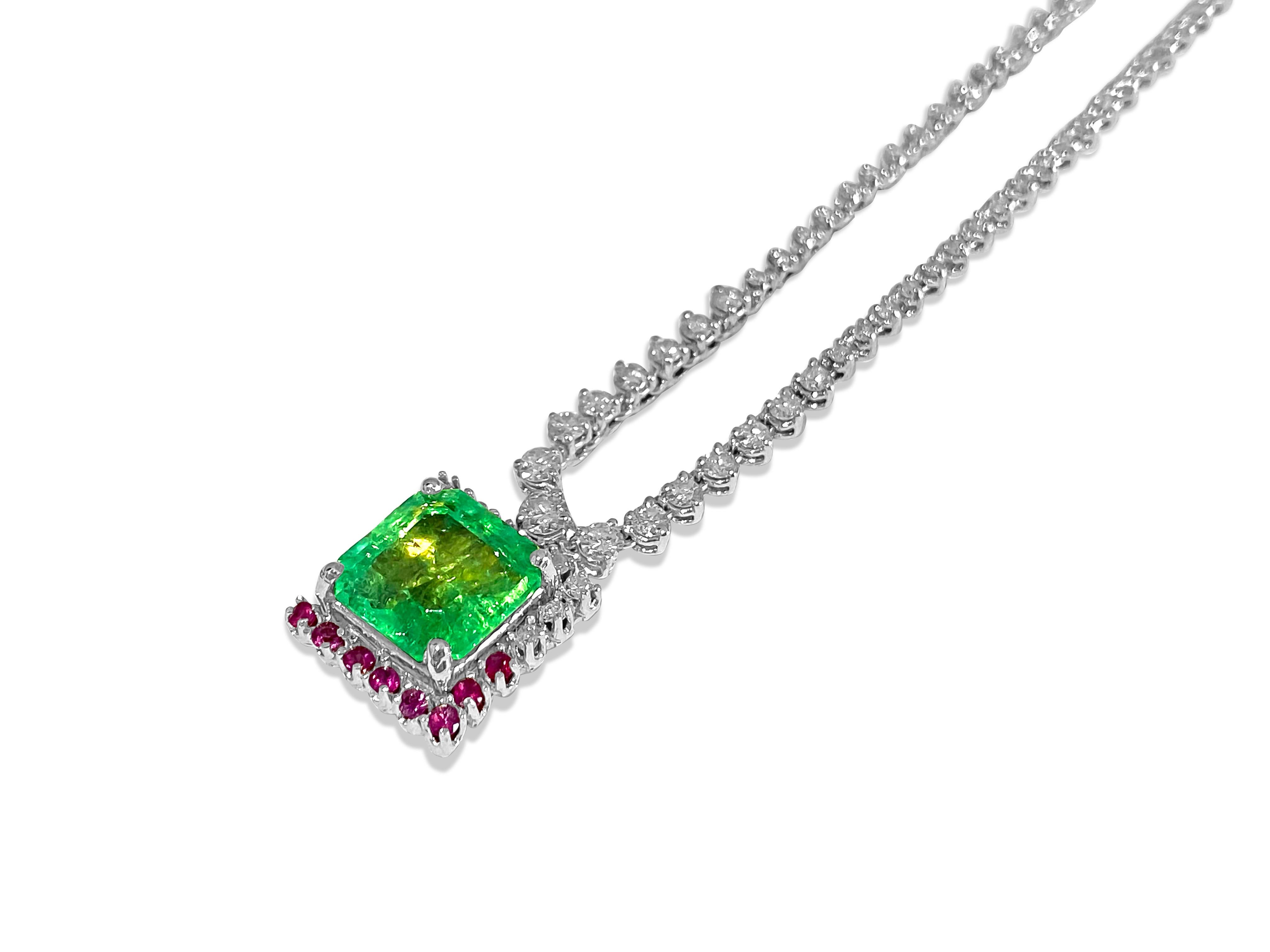 Emerald Cut Certified 11.00 Carat Colombian Emerald Ruby Diamond Cocktail Necklace