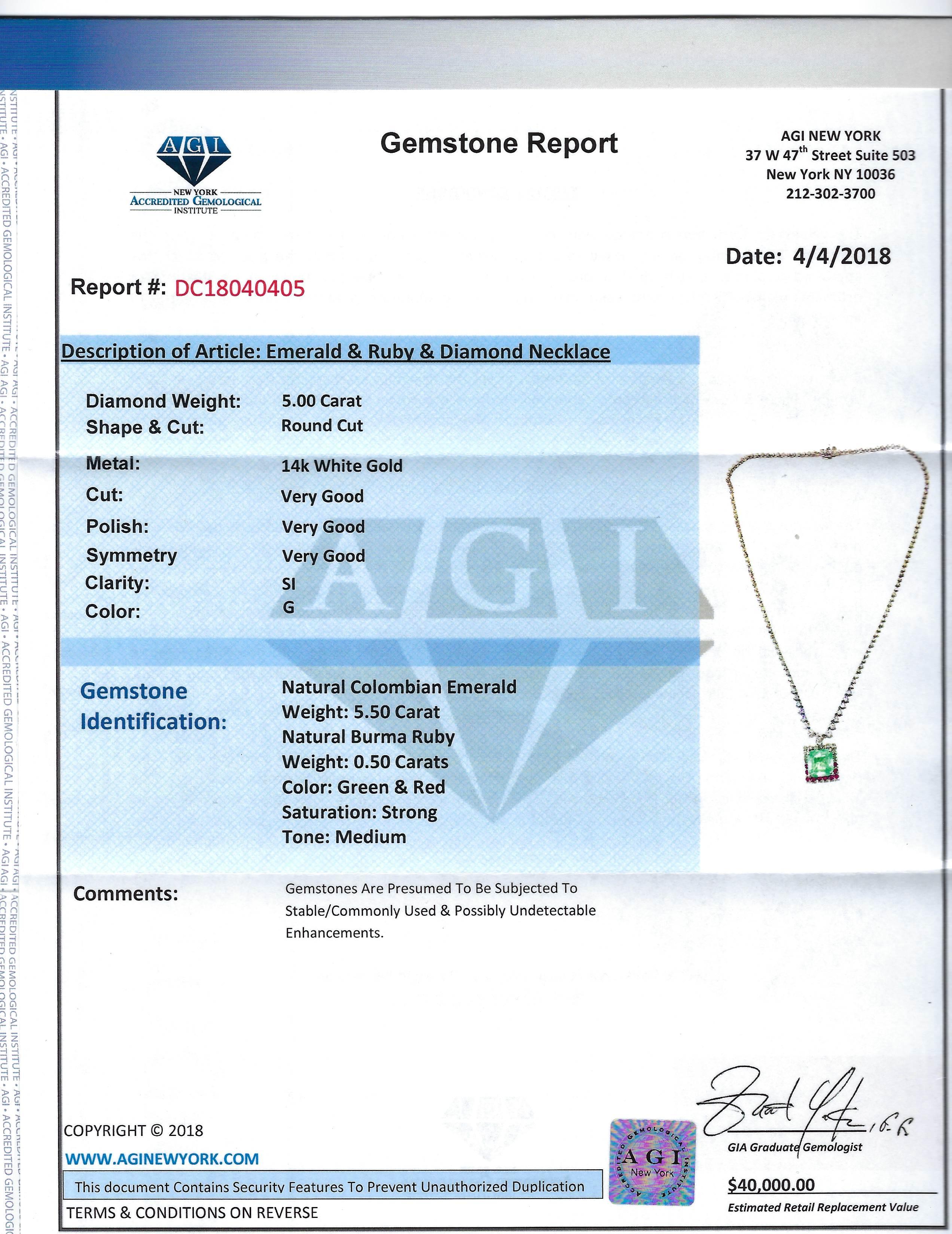 Certified 11.00 Carat Colombian Emerald Ruby Diamond Cocktail Necklace 1