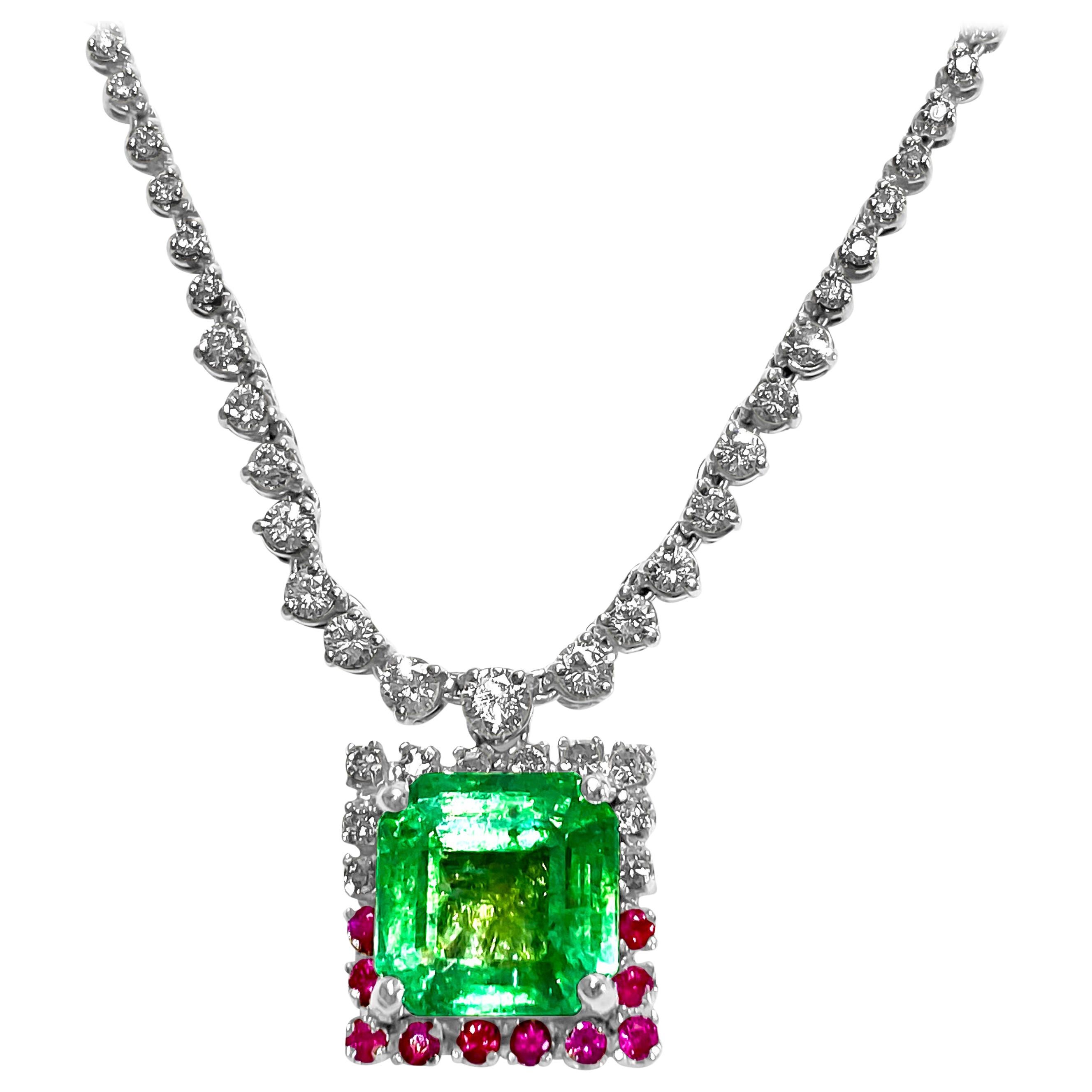 Certified 11.00 Carat Colombian Emerald Ruby Diamond Cocktail Necklace