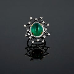 Certified 11.07 Carat Emerald Cabochon and Diamond with Enamel 18K White Gold