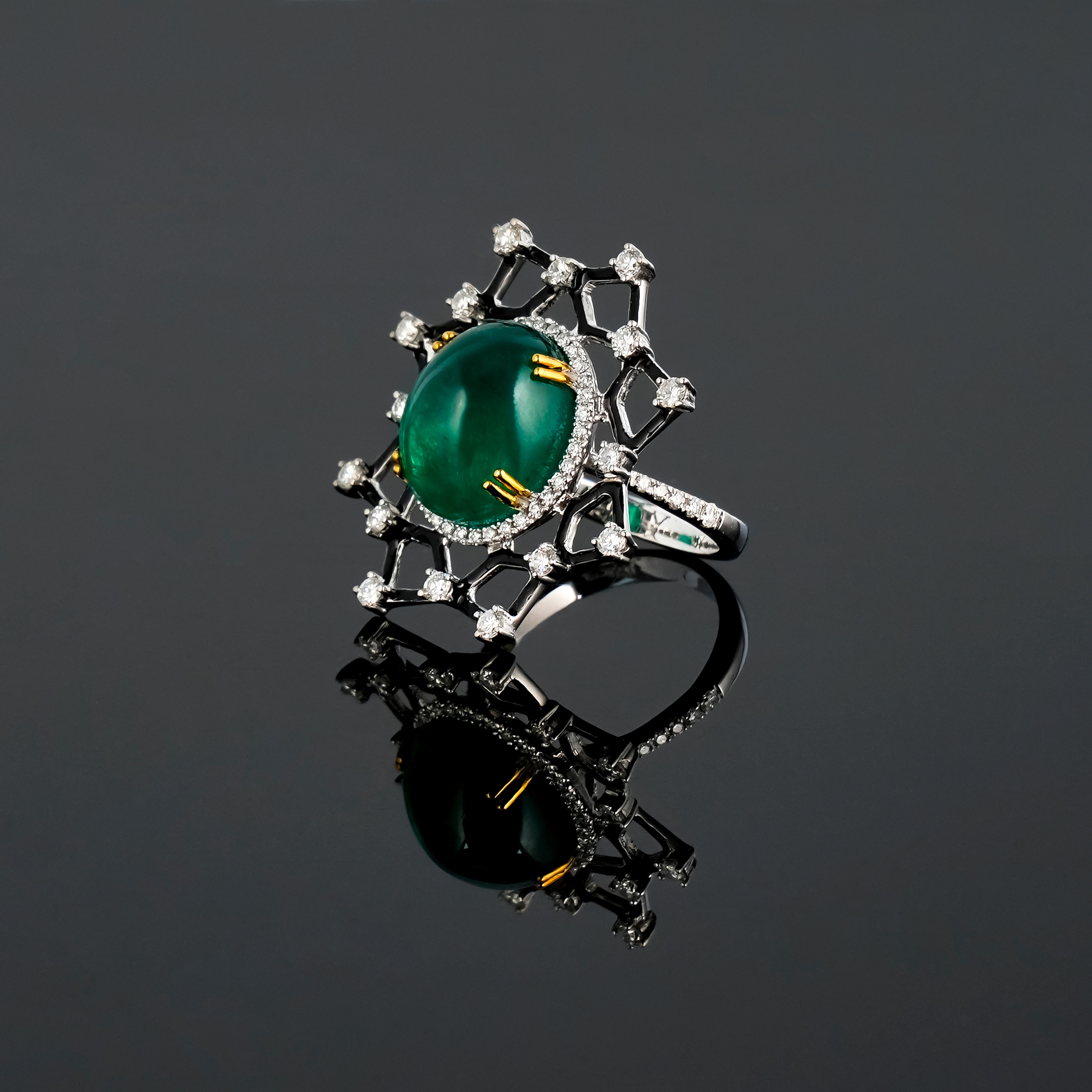 Modern Certified 11.07 Carat Emerald Cabochon and Diamond with Enamel 18K White Gold For Sale