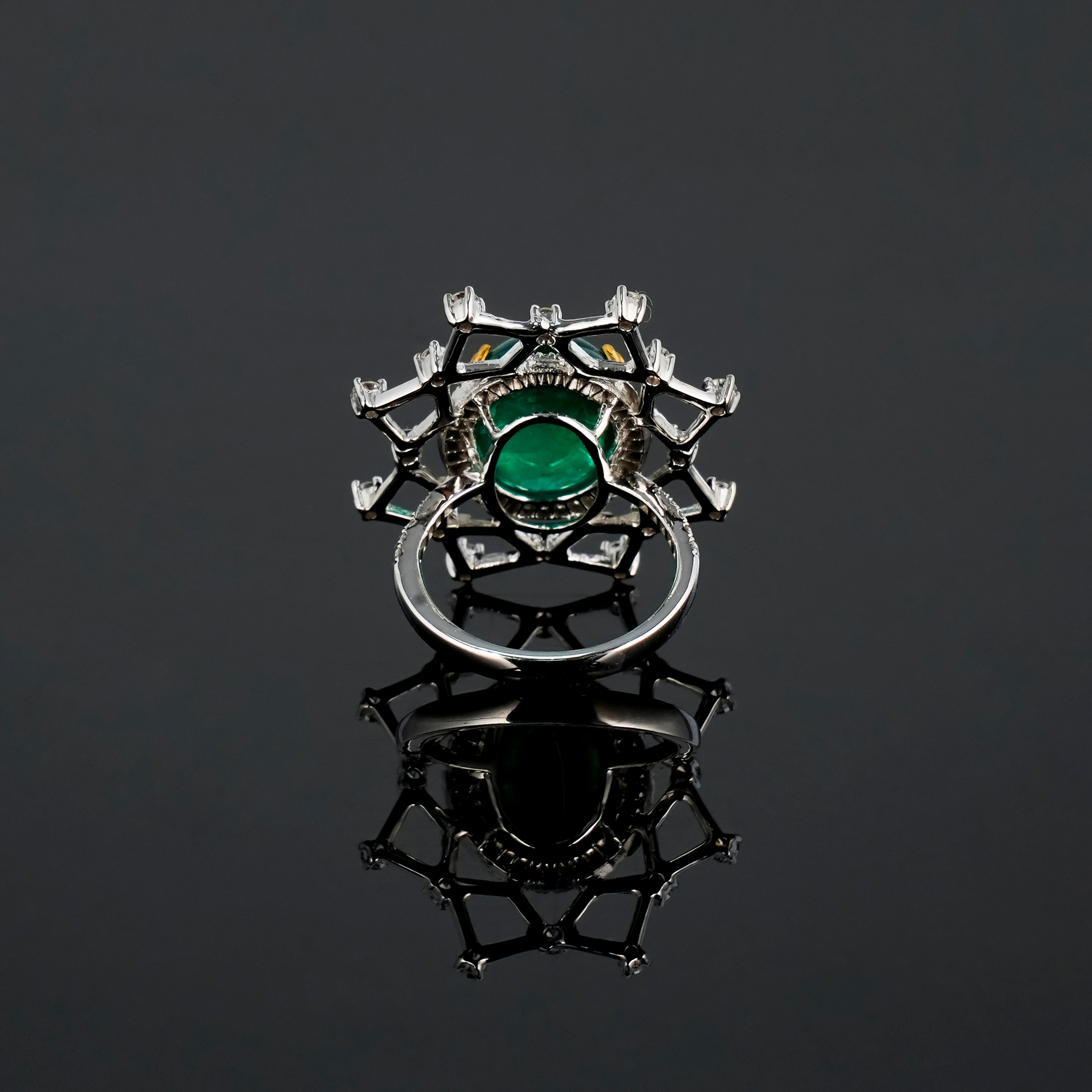 Women's Certified 11.07 Carat Emerald Cabochon and Diamond with Enamel 18K White Gold For Sale