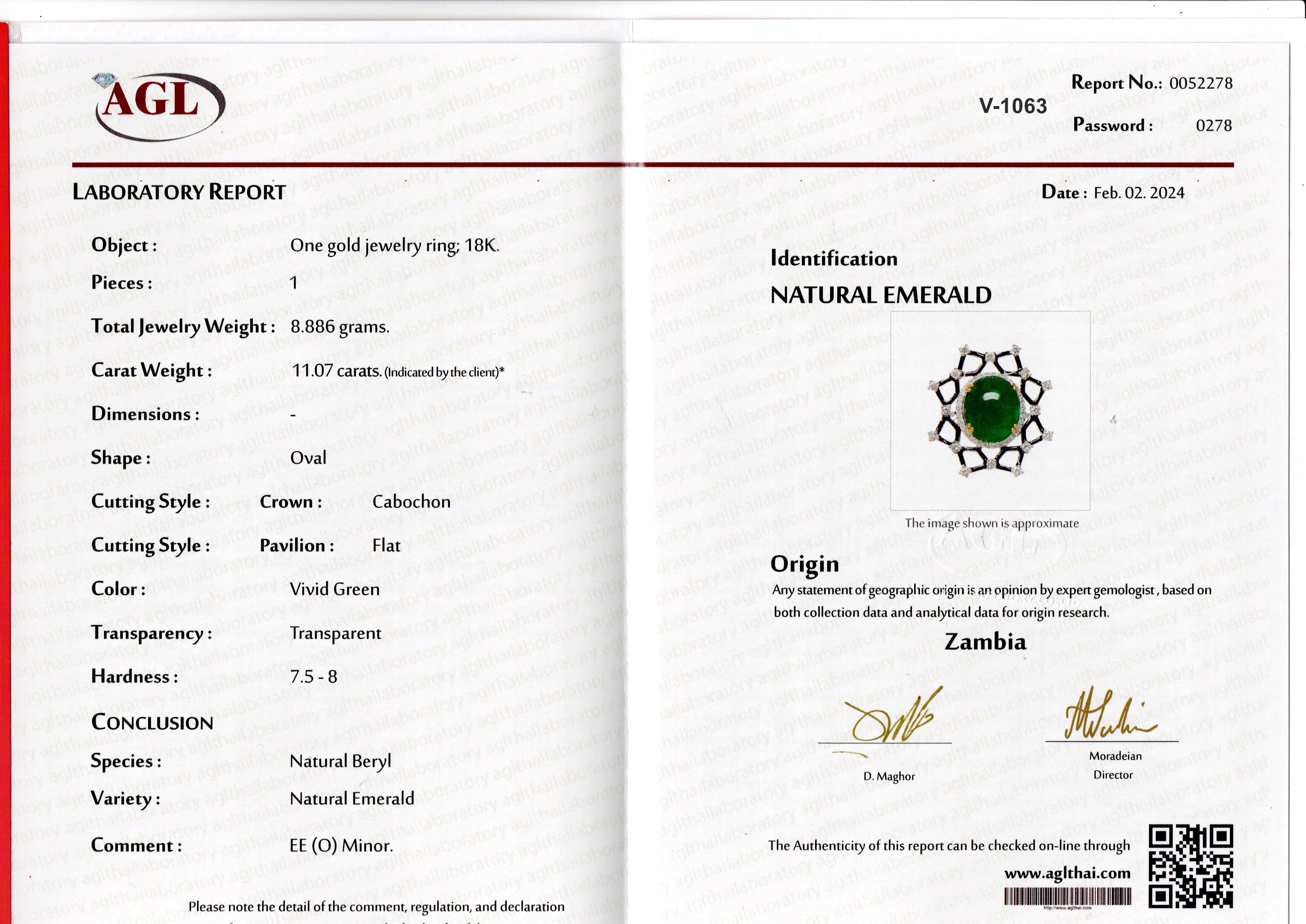 Certified 11.07 Carat Emerald Cabochon and Diamond with Enamel 18K White Gold For Sale 1
