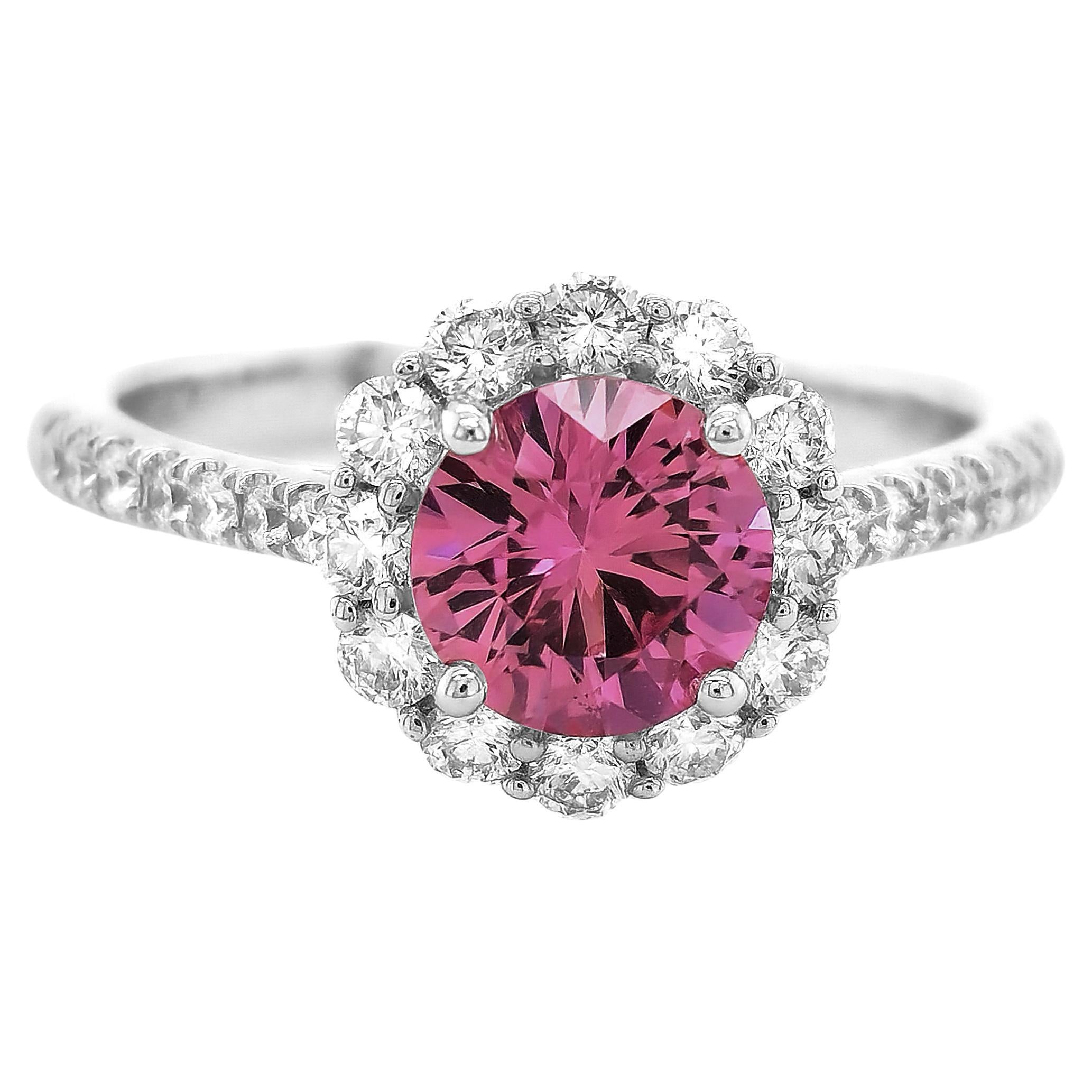 Certified 1.11 Carat Padparadscha Sapphire Diamond set in 14K White Gold Ring