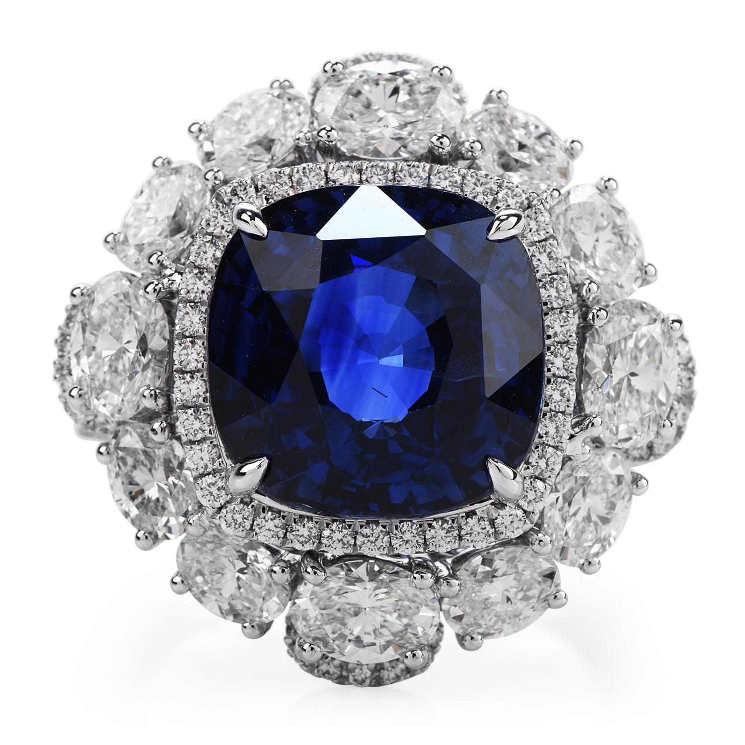 Deep  Royal Blue Sapphire & Diamond Large shinny Engagement Cocktail ring, 

Hand-Crafted in solid 18K white gold, the center is adorned by a GRS certified vivid Sri Lankan Blue Ceylon Sapphire, cushion shaped, prong cut, weighing a total of 11.17