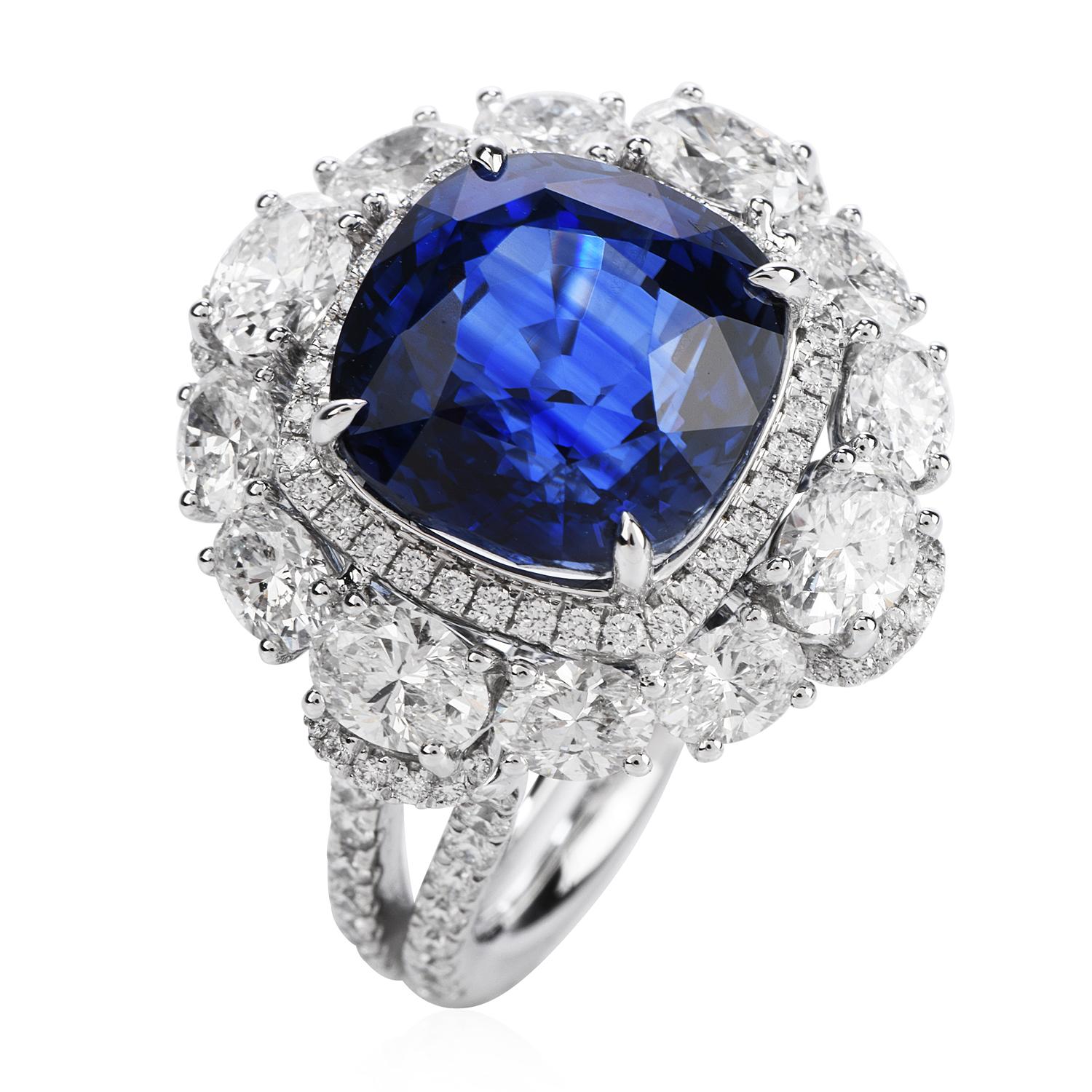 Certified 11.17 Carat Ceylon Sapphire Diamond 18k Gold Cocktail Engagement Ring In Excellent Condition In Miami, FL