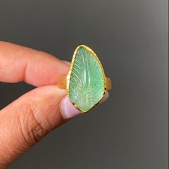 Certified 11.30 Carat Carved Emerald Leaf Ring in 18K Yellow Gold
