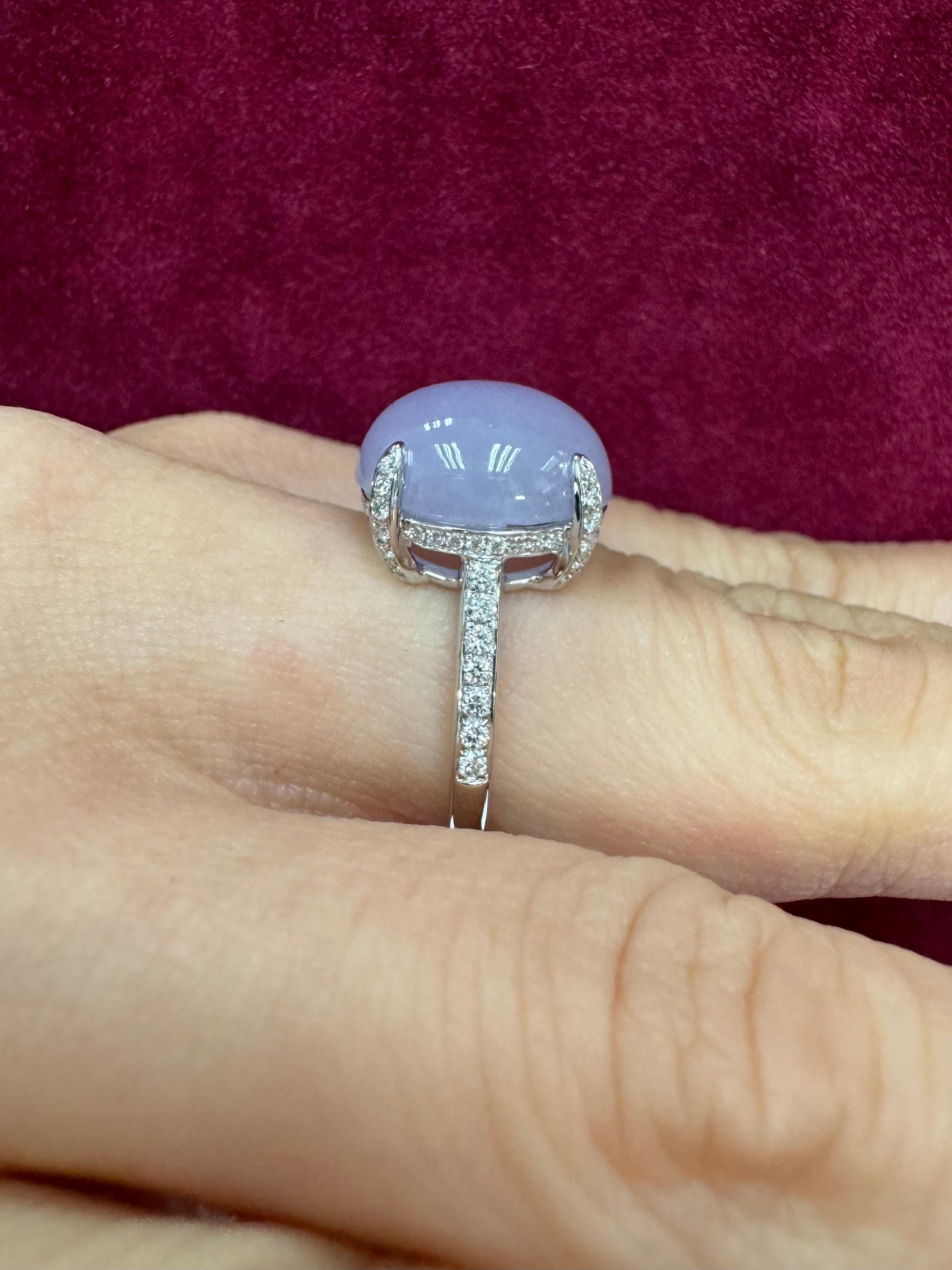 Contemporary Certified 11.36Cts Lavender Jade & Diamond Ring With Hidden halo. Substantial For Sale