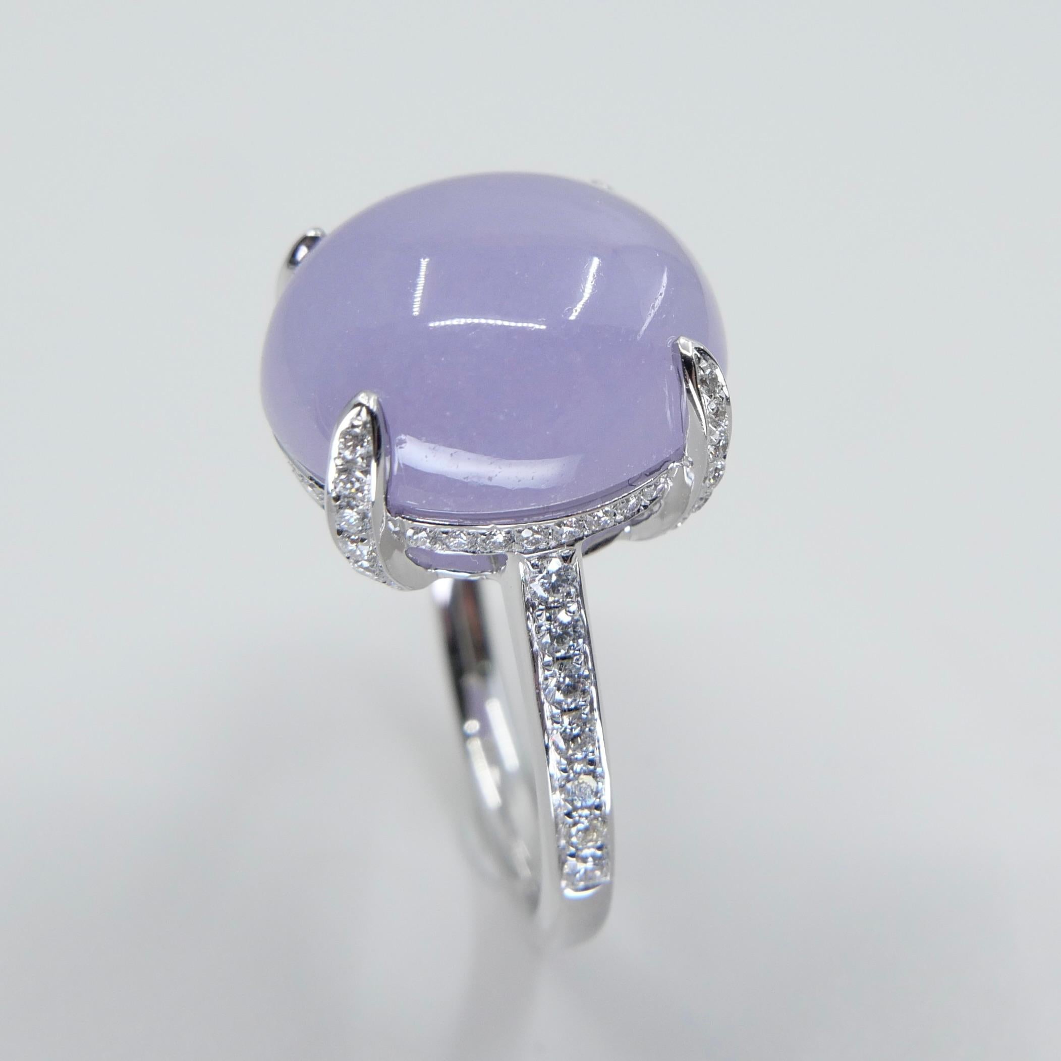 Cabochon Certified 11.36Cts Lavender Jade & Diamond Ring With Hidden halo. Substantial For Sale