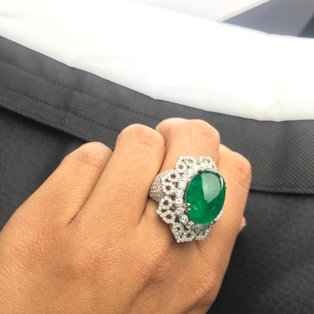 Art Deco Certified 11.48 Carat Emerald Cabochon and Diamond Cocktail Ring