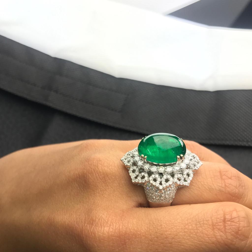 Women's or Men's Certified 11.48 Carat Emerald Cabochon and Diamond Cocktail Ring