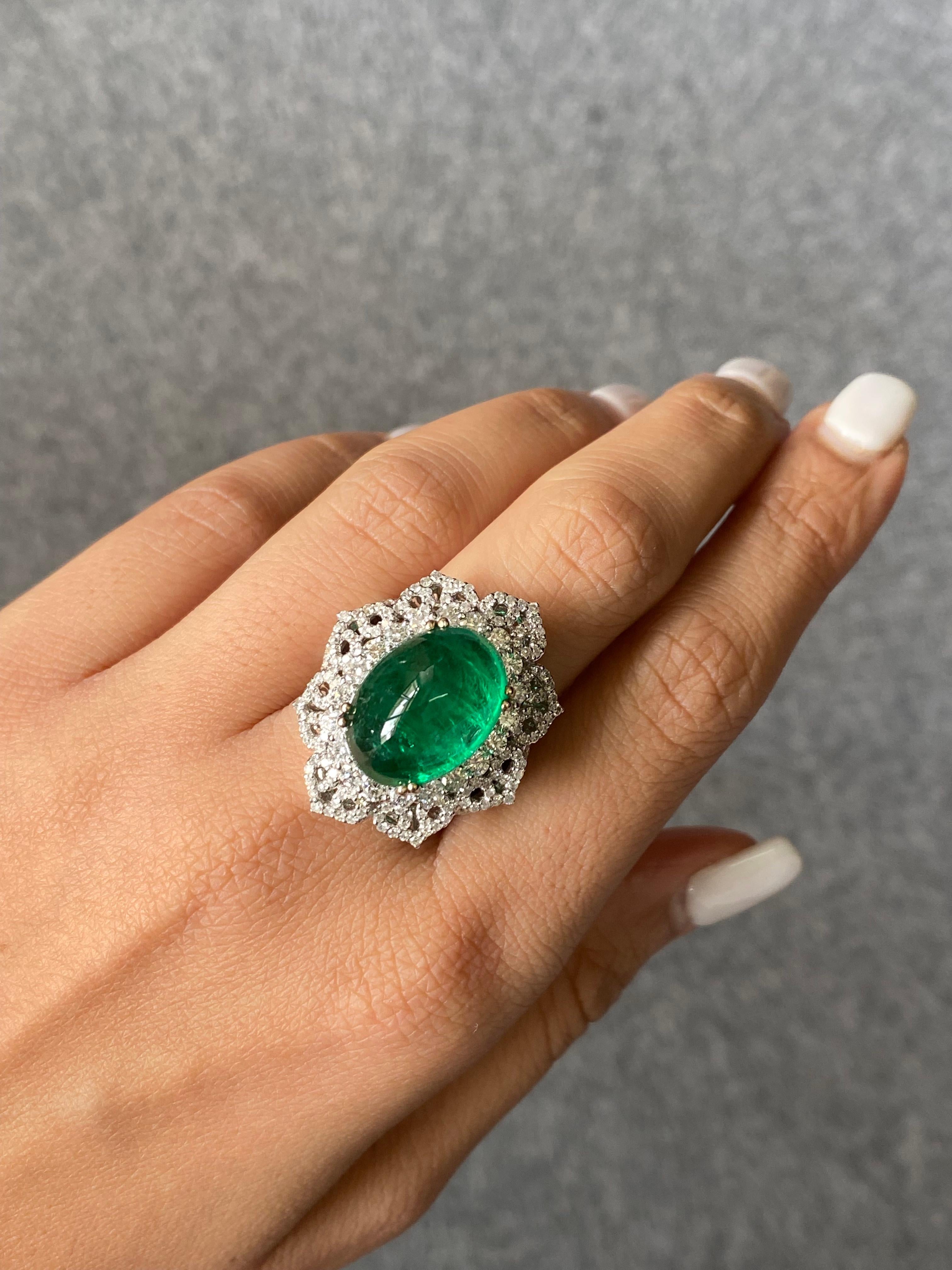 Certified 11.48 Carat Emerald Cabochon and Diamond Cocktail Ring 1