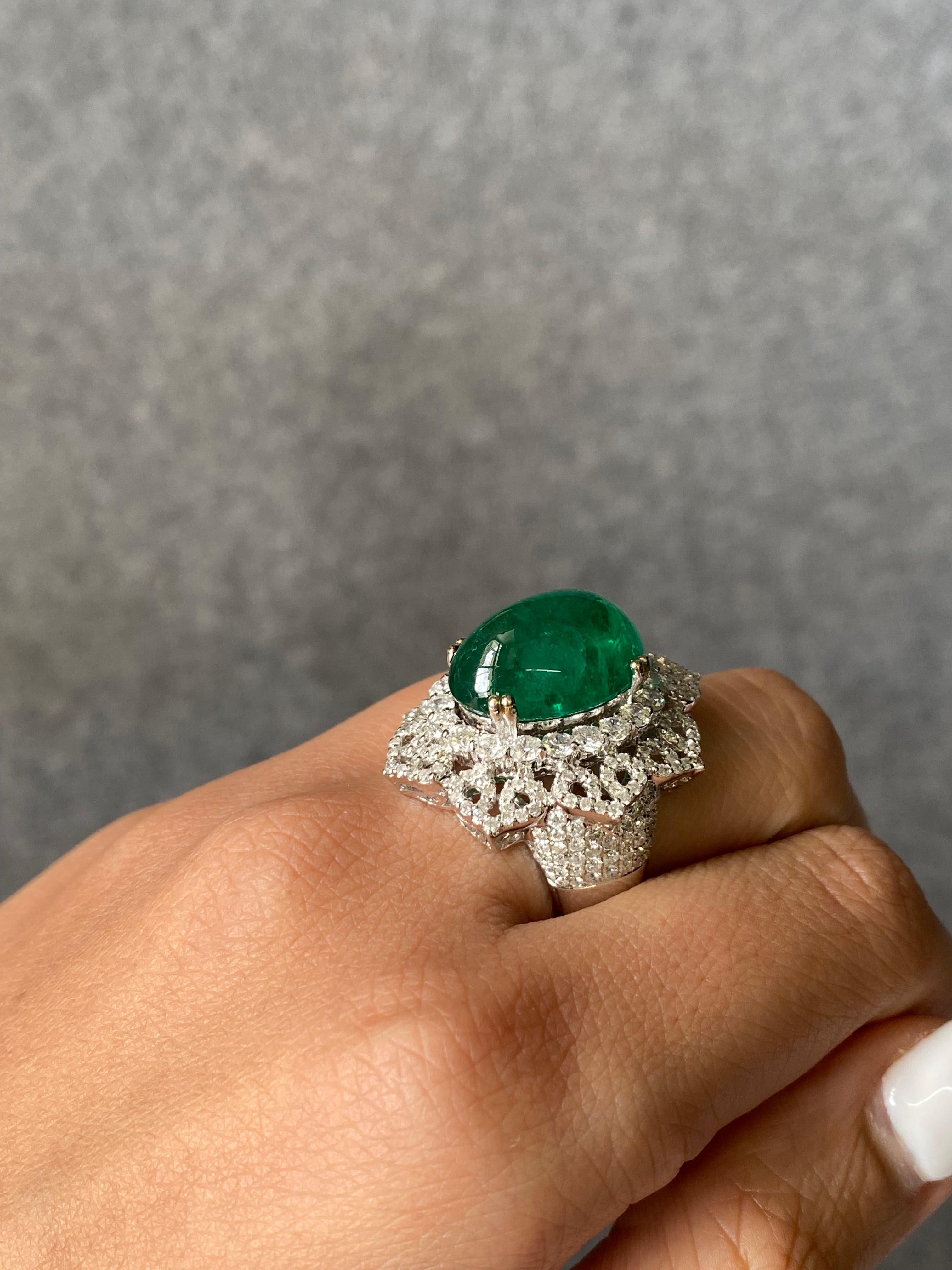 Certified 11.48 Carat Emerald Cabochon and Diamond Cocktail Ring 2