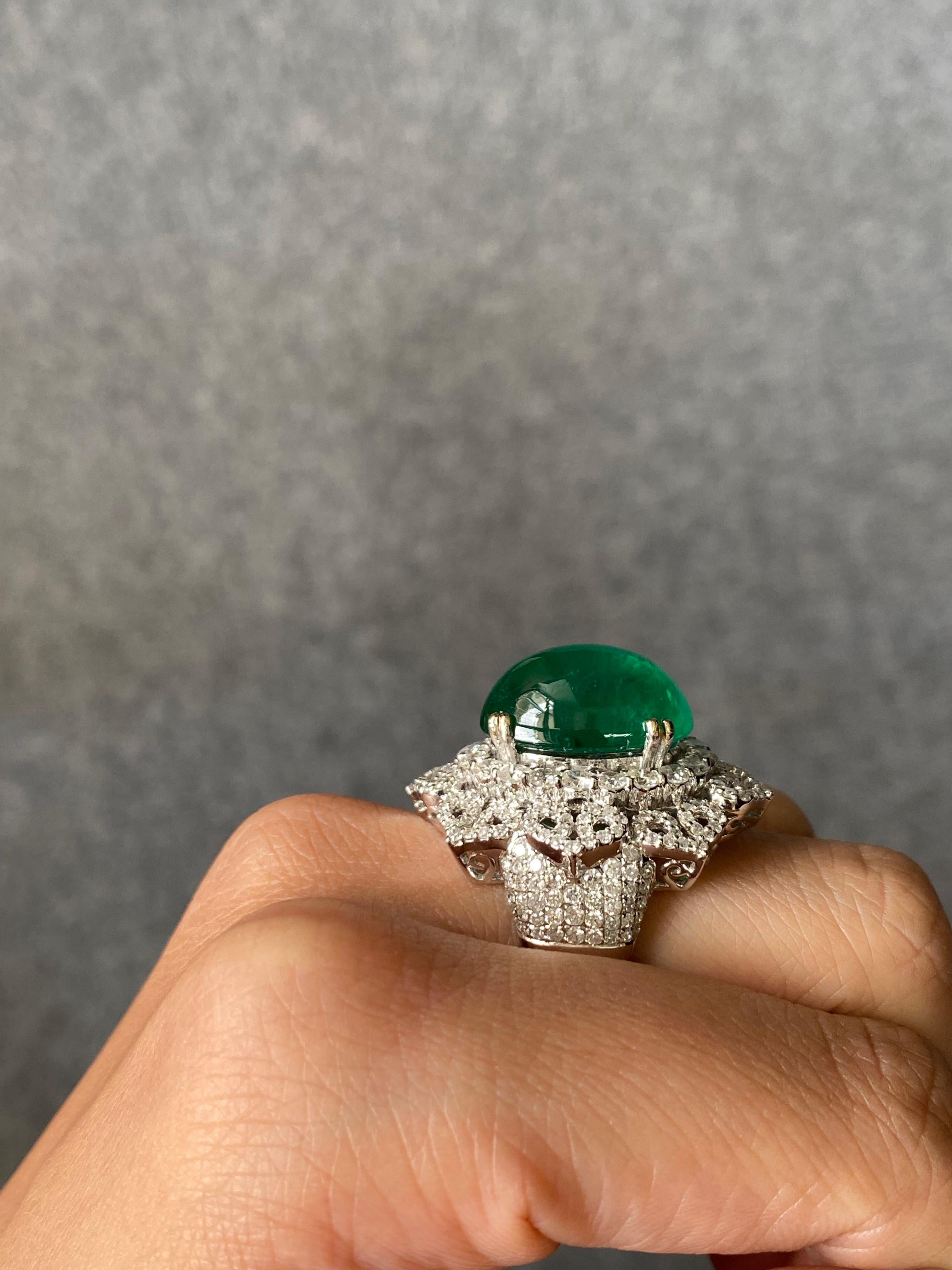 Certified 11.48 Carat Emerald Cabochon and Diamond Cocktail Ring 3