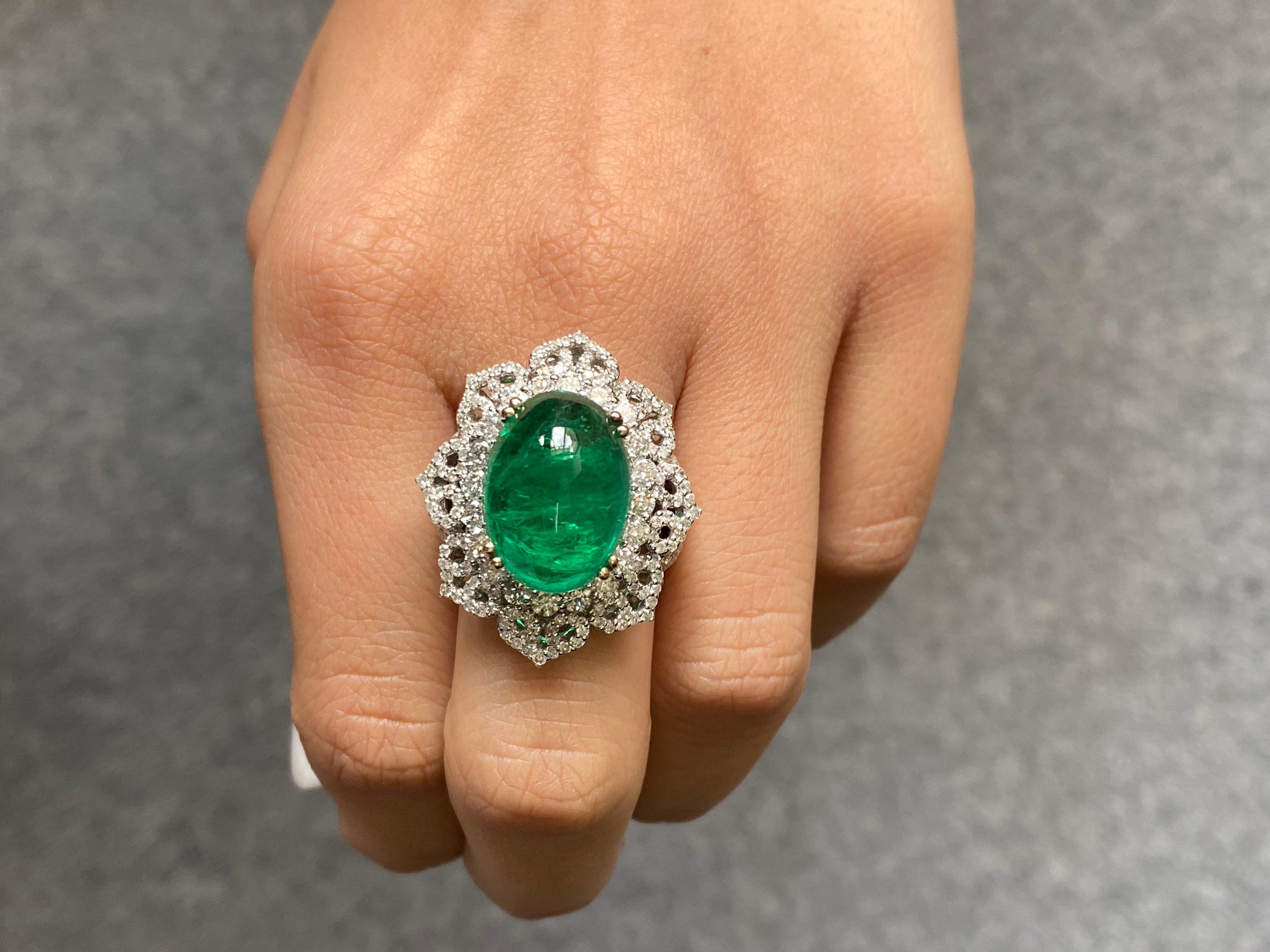 Certified 11.48 Carat Emerald Cabochon and Diamond Cocktail Ring