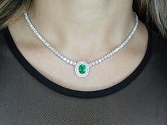 Certified 11.50 Carat Oval Emerald Round Brilliant Cut Diamonds Tennis Necklace