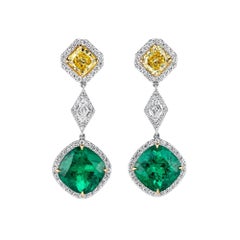 Certified 11.69 Carat Colombian Emerald & Yellow Diamond Drop Earrings