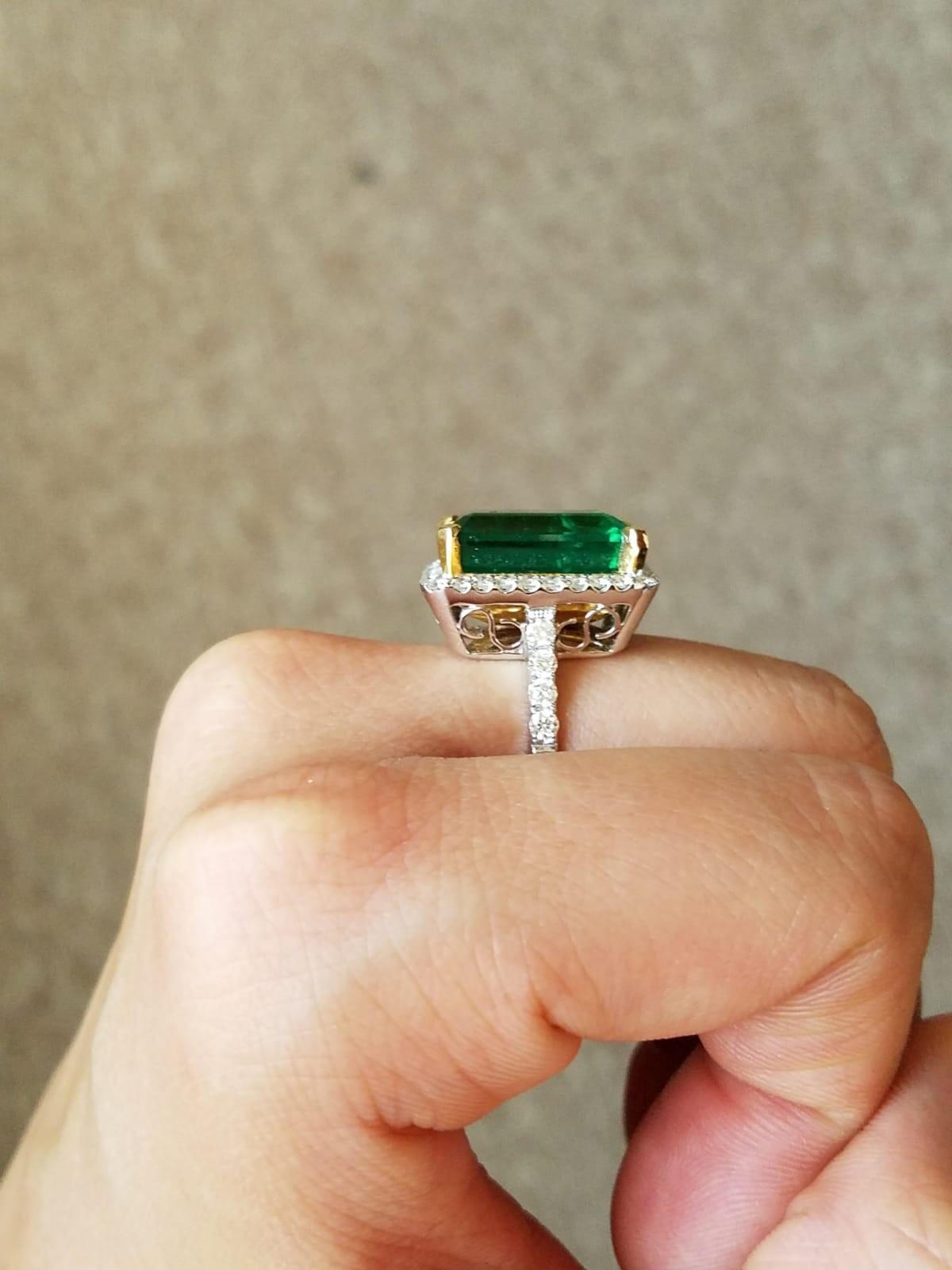 Emerald Cut Certified 11.95 Carat Zambian Emerald and Diamond Cocktail Ring