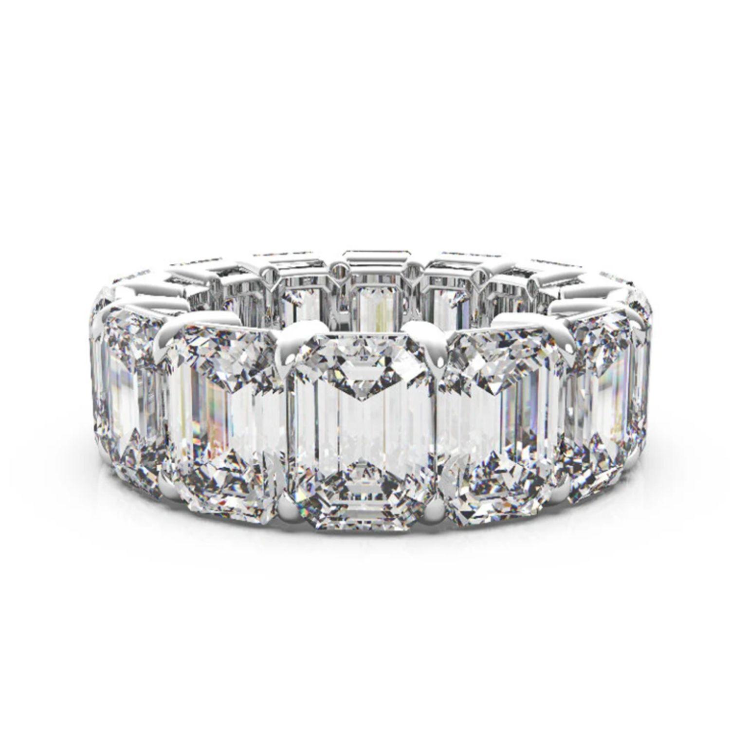 Make a statement with this stunning 1 carat each, emerald cut Diamond eternity band. The band will be custom made - US size 7, 12 pieces of 1 carat each will be used. All diamonds are certified - I/J color, VVS/VS quality. Set in 18K White Gold. The