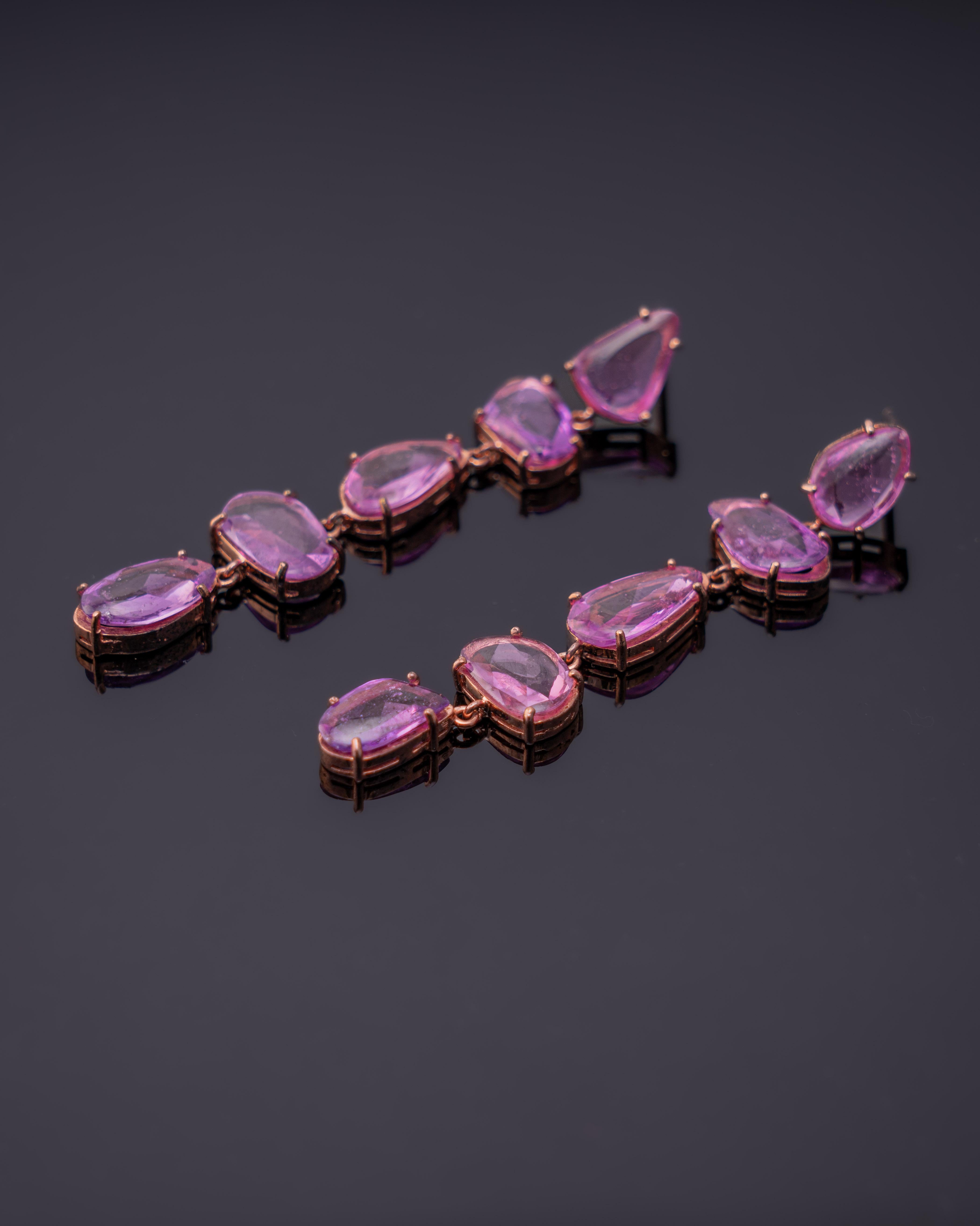 Art Deco Certified 12 Carat Pink Sapphire Rose Cut Drop Earrings Set in Pink Gold For Sale