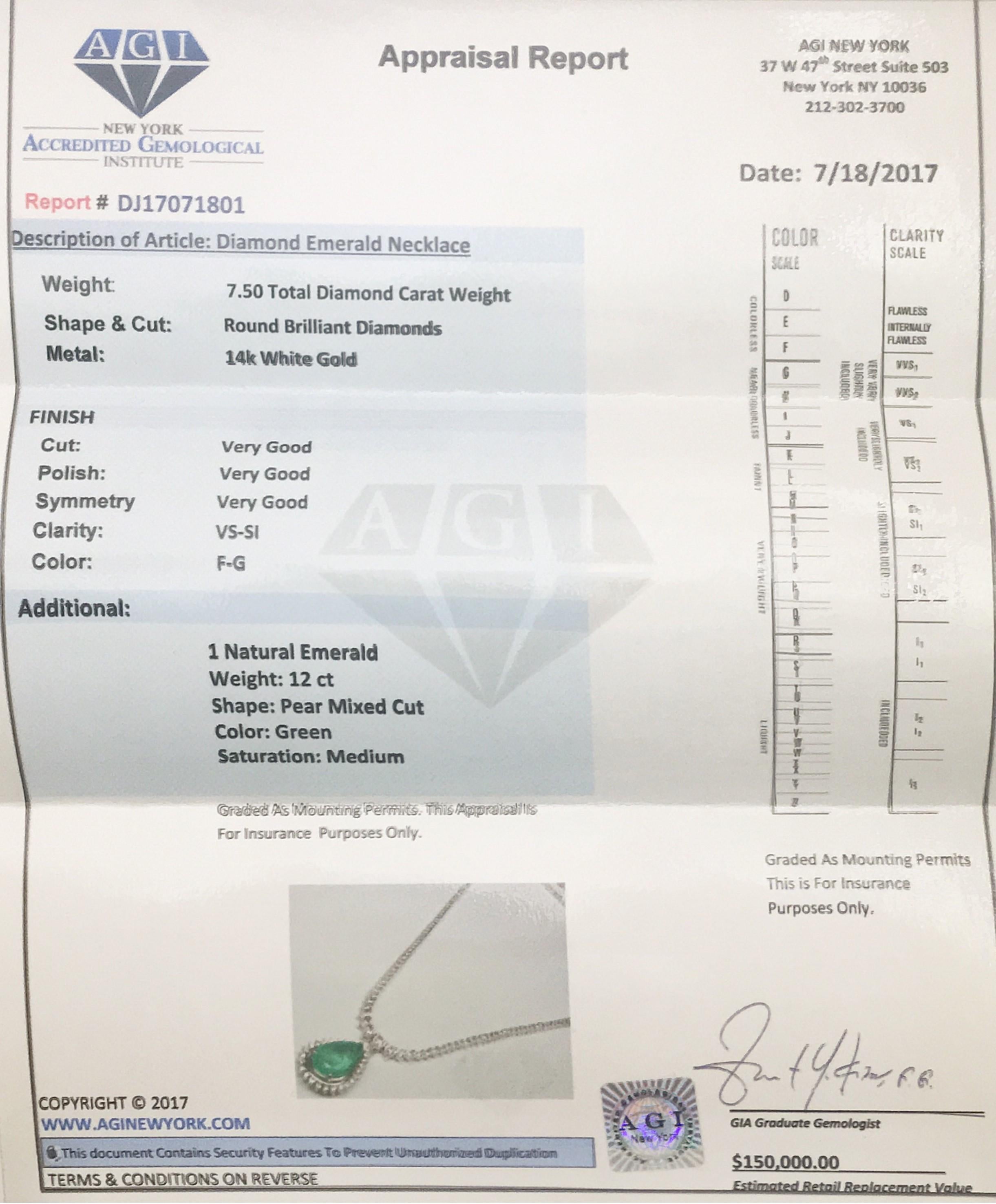 Certified 12.00 Carat Colombian Emerald Diamond Necklace 14 Karat White Gold For Sale 1