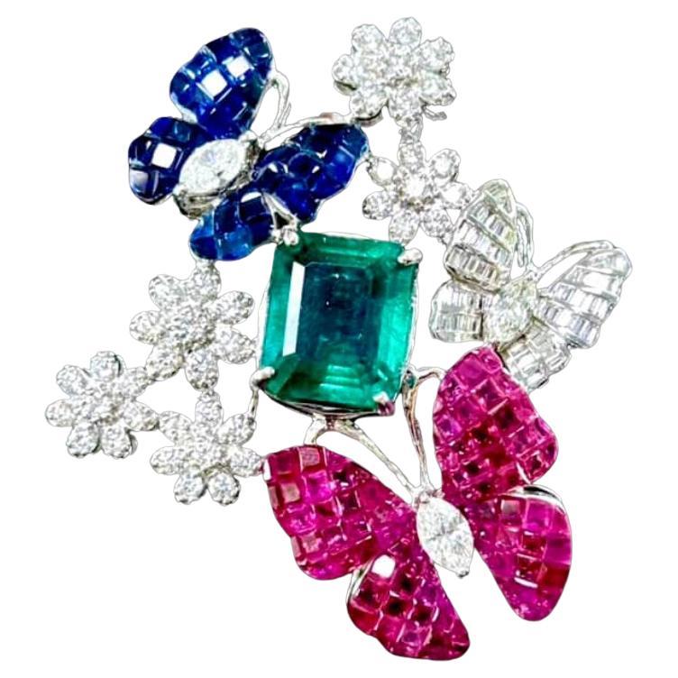 Certified 12.00 Carat Zambian Emerald Rubies Sapphires Diamonds 18k Gold Brooch