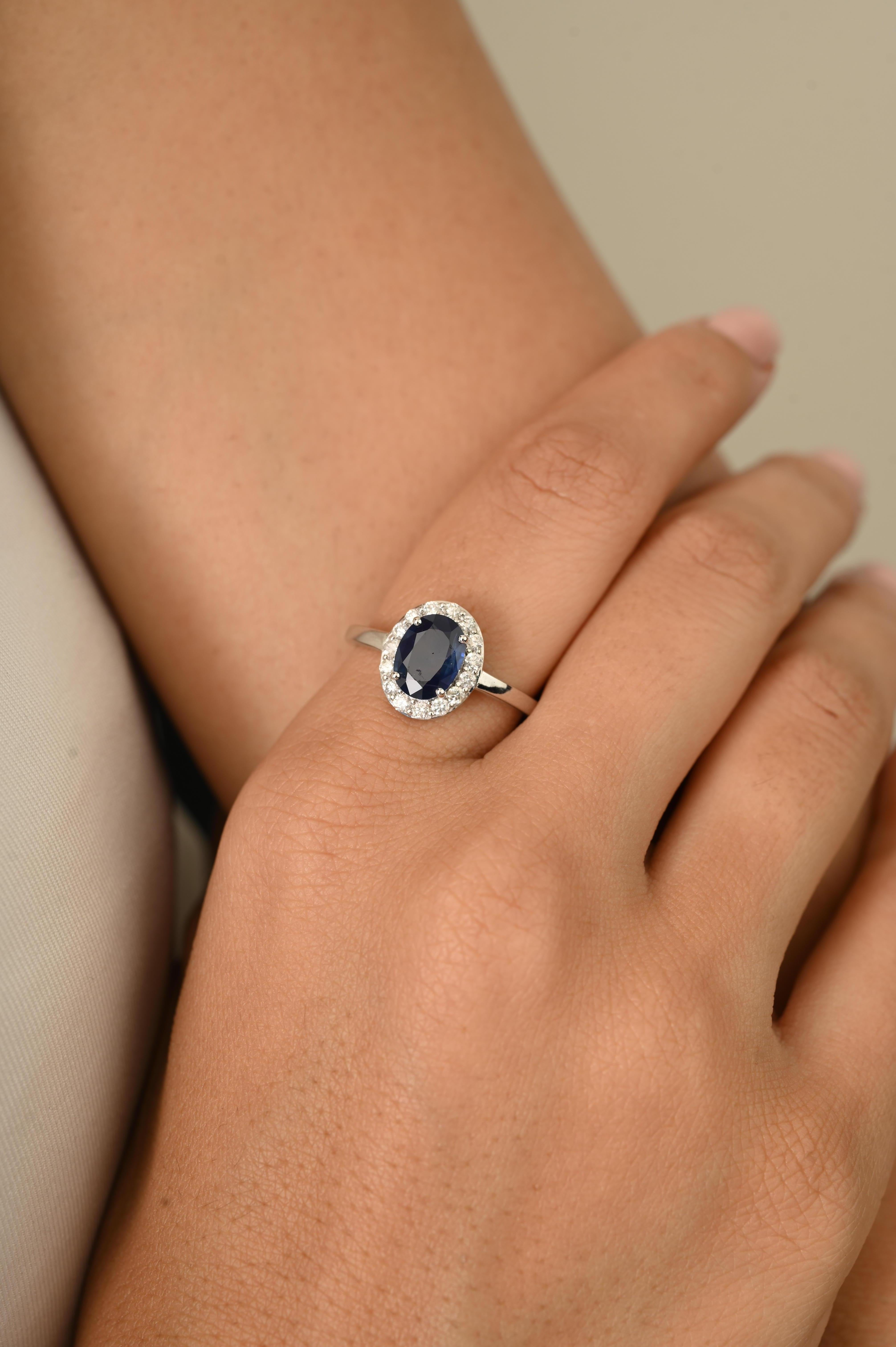 En vente :  Certified 1.23Ct Natural Oval Blue Sapphire Diamond Halo Ring in 14K White Gold (Bague de halo en or blanc 14 carats) 11