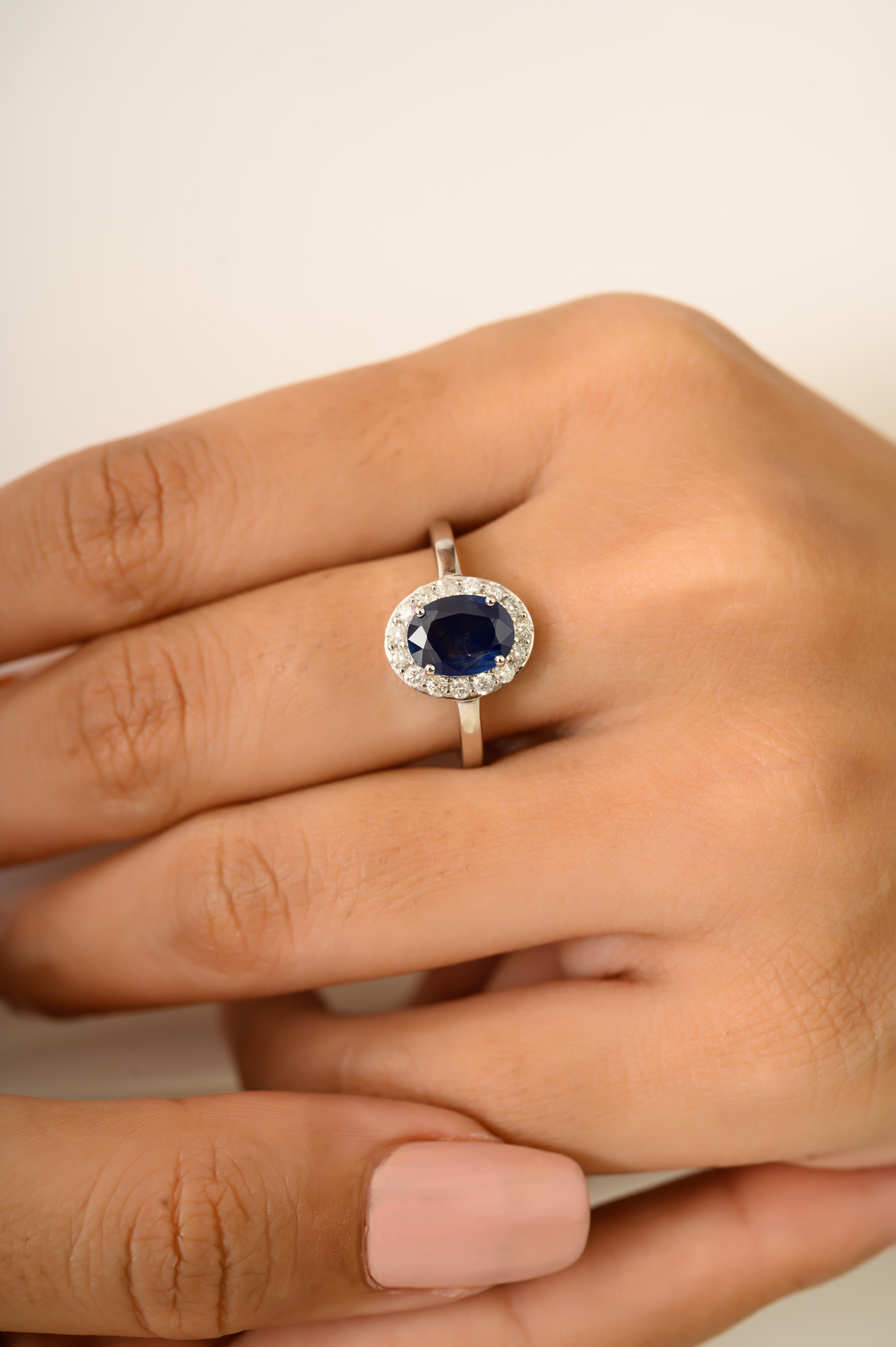 En vente :  Certified 1.23Ct Natural Oval Blue Sapphire Diamond Halo Ring in 14K White Gold (Bague de halo en or blanc 14 carats) 2