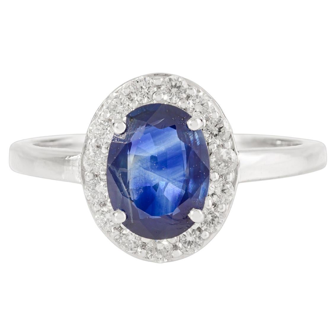Certified 1.23Ct Natural Oval Blue Sapphire Diamond Halo Ring in 14K White Gold (Bague de halo en or blanc 14 carats)