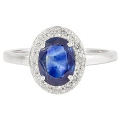Certified 1.23Ct Natural Oval Blue Sapphire Diamond Halo Ring in 14K White Gold (Bague de halo en or blanc 14 carats)