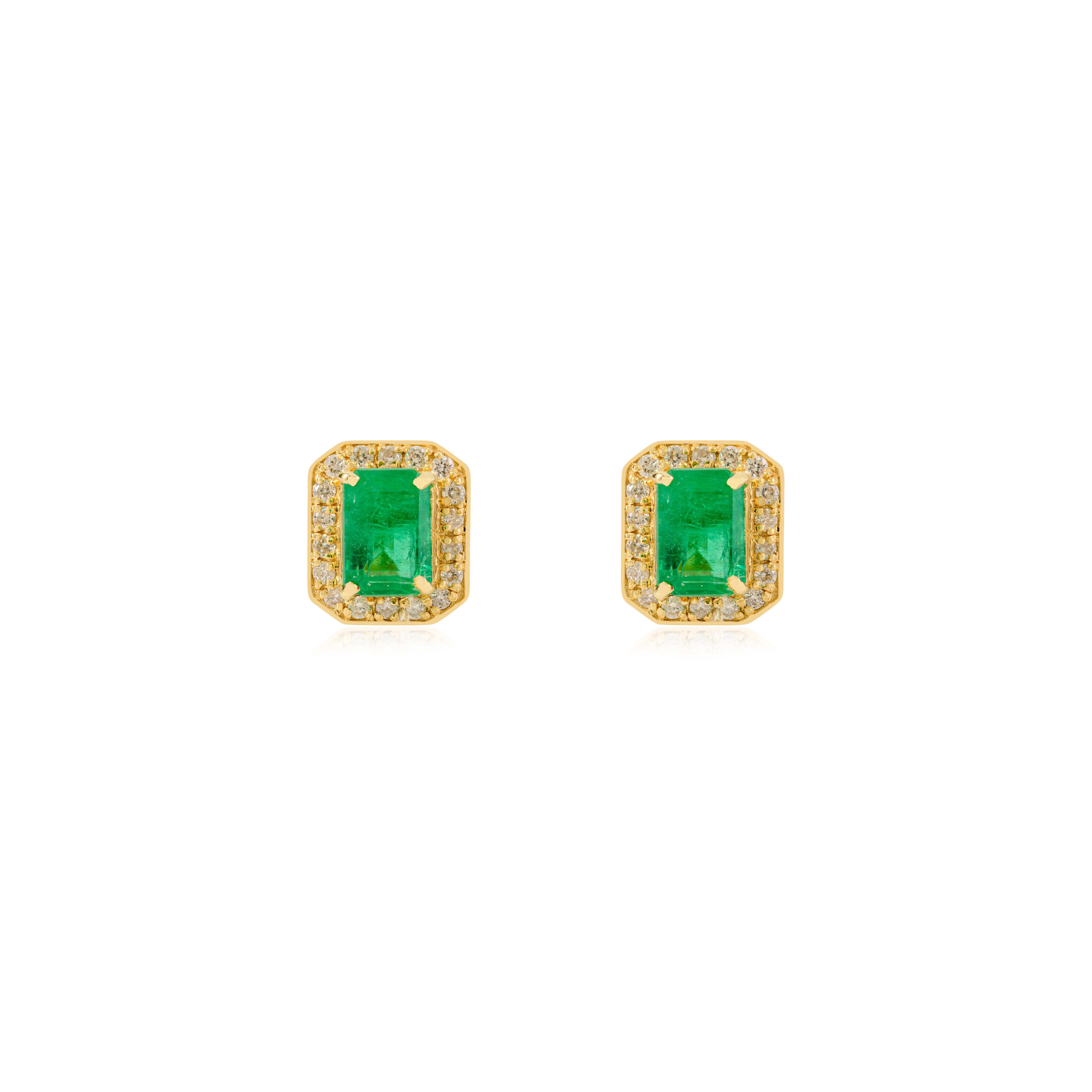 Modernist Certified 1.23CTW Octagon Cut Emerald & Diamond Halo Stud Earrings in 14k Gold For Sale