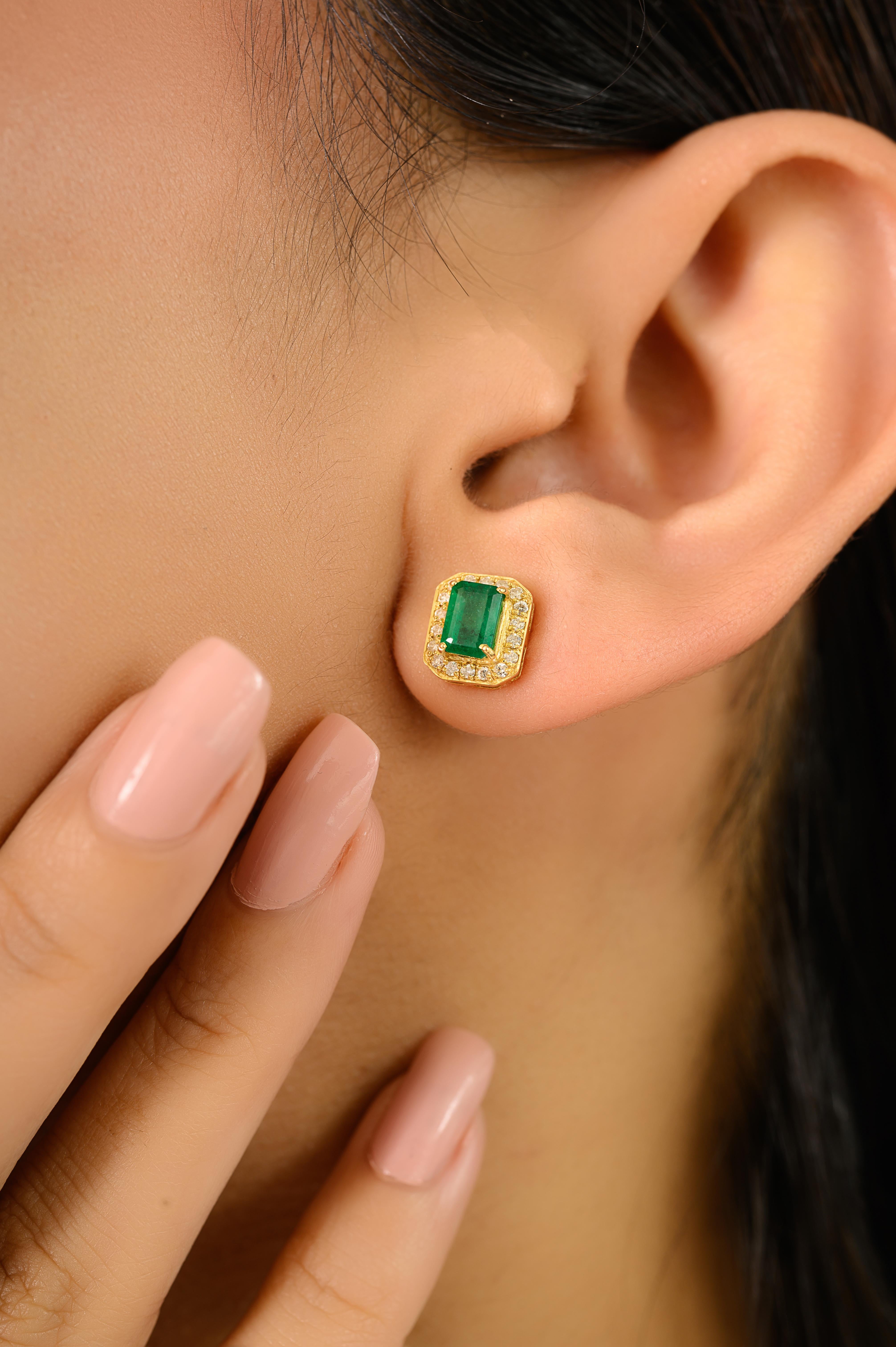 Certified 1.23CTW Octagon Cut Emerald & Diamond Halo Stud Earrings in 14k Gold In New Condition For Sale In New York, NY