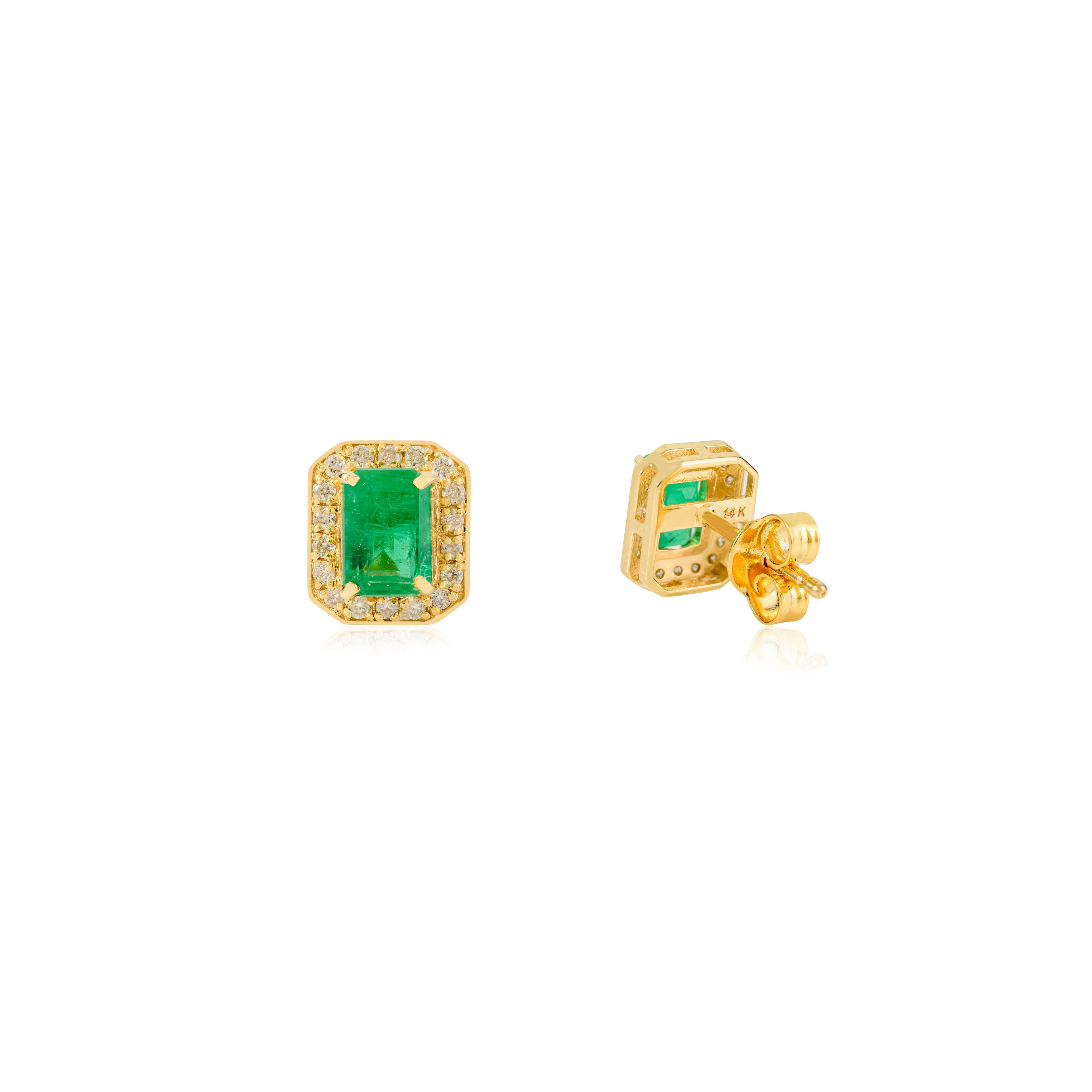 Certified 1.23CTW Octagon Cut Emerald & Diamond Halo Stud Earrings in 14k Gold For Sale 2