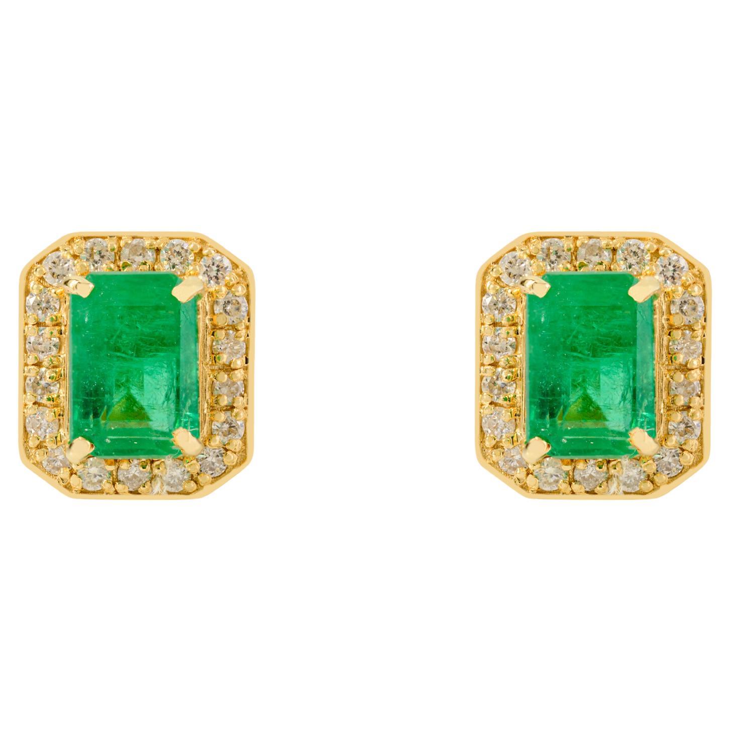 Certified 1.23CTW Octagon Cut Emerald & Diamond Halo Stud Earrings in 14k Gold