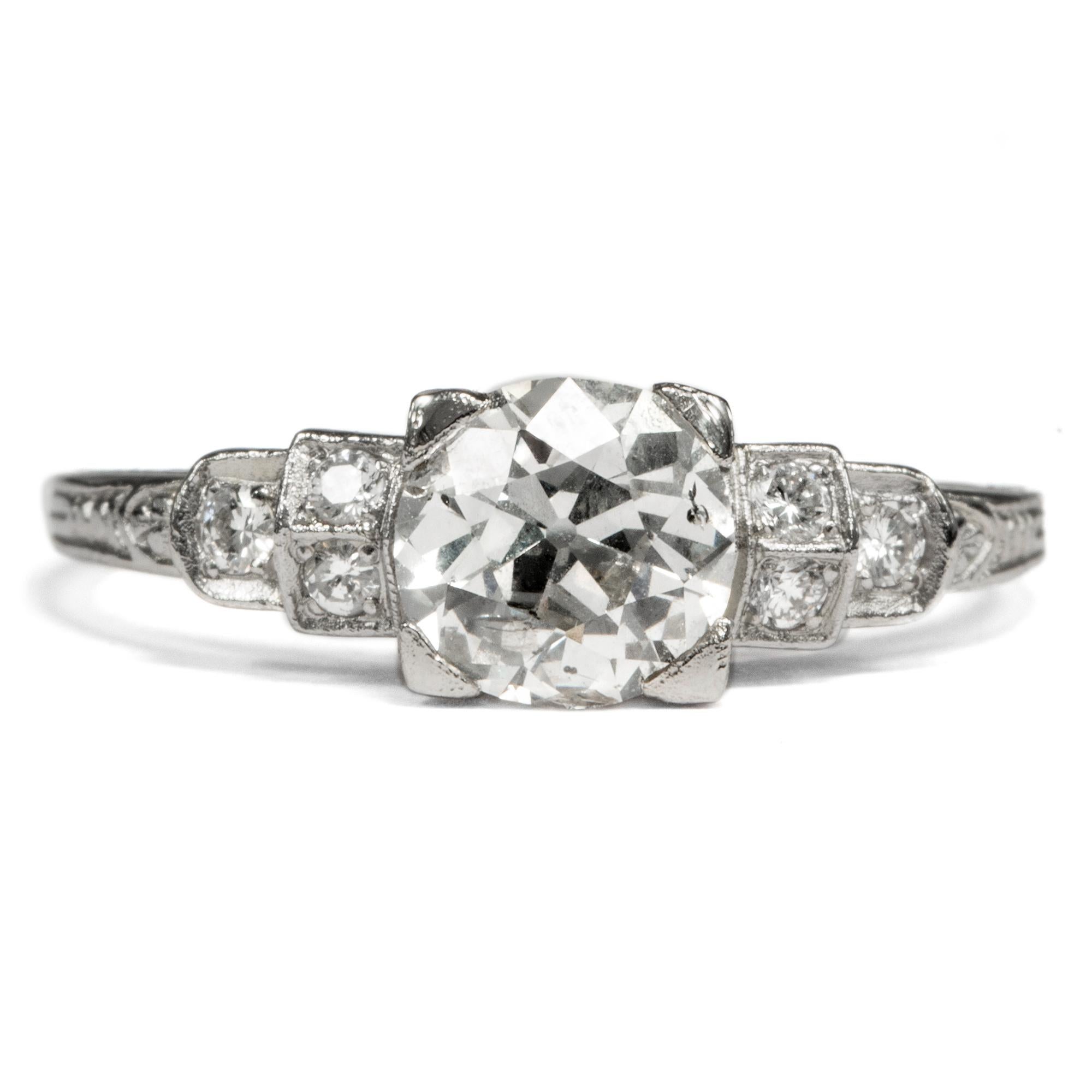 As purveyors of fine antique jewels, many antique engagement rings have passed through our hands. Their fine detailing and craftsmanship have inspired this piece, an engagement ring for those who enjoy the aesthetic of antique rings, yet prefer a