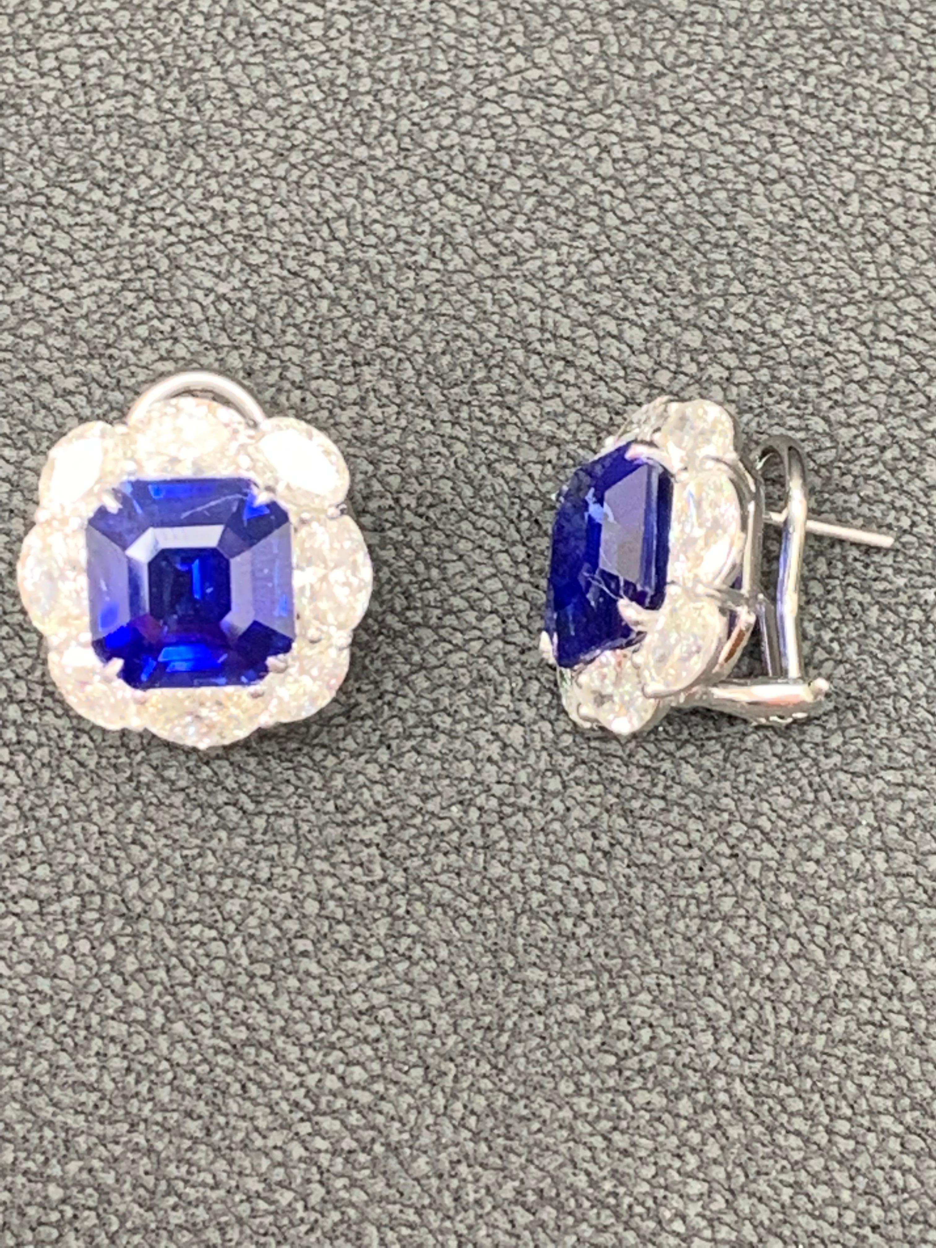 Boucles d'oreilles en or 18 carats avec halo de diamants et saphirs bleus taille émeraude certifiés 12,67 carats en vente 5