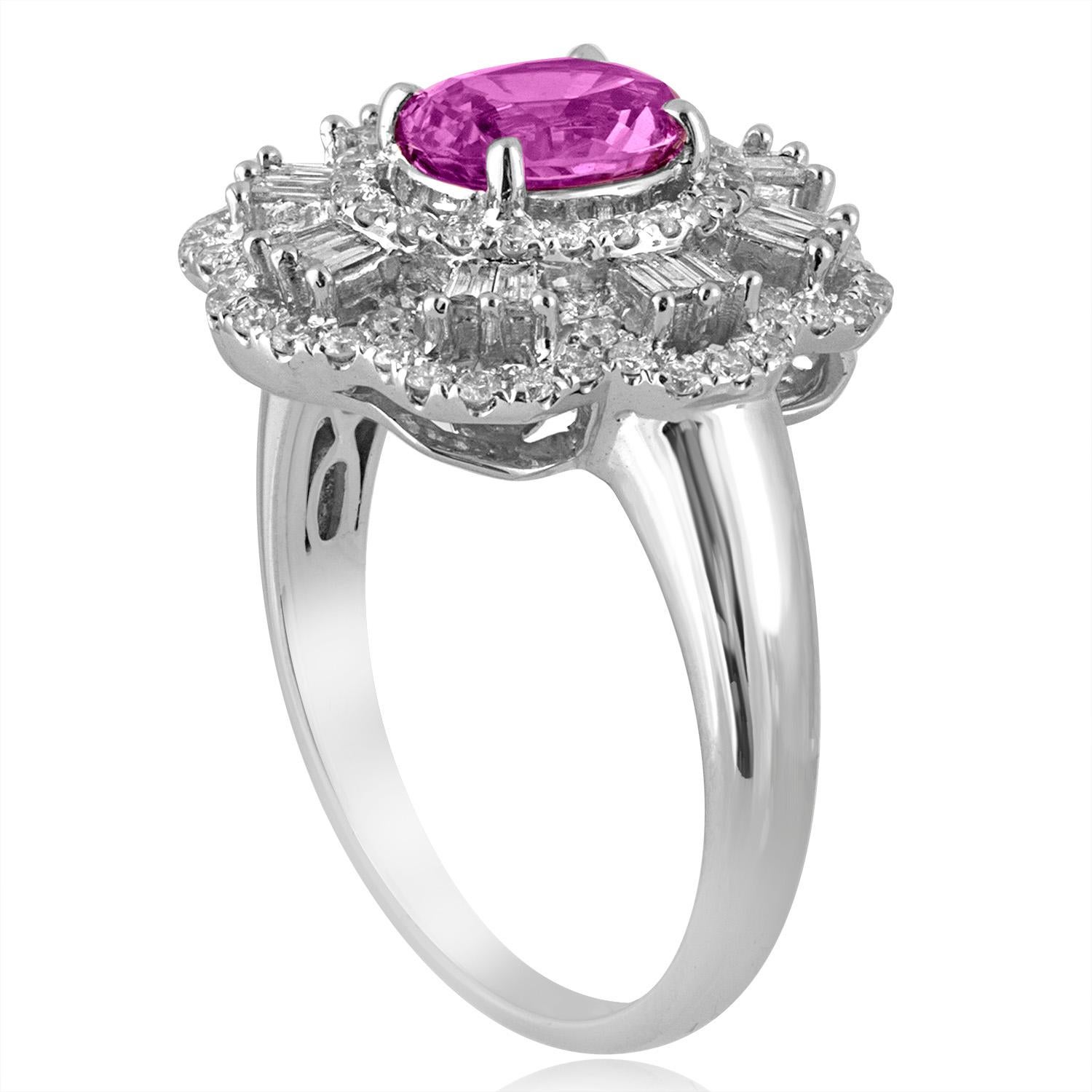 Stunning Pink Sapphire Cocktail Ring
The ring is 18K White Gold
There are 0.88 Carats in Diamonds F/G VS/SI
The Sapphire is Oval Pink Oval 1.27 Carats, HEATED.
The Sapphire is certified by LAPIS.
The ring is a size 7.00, sizable.
The ring weighs 7.0