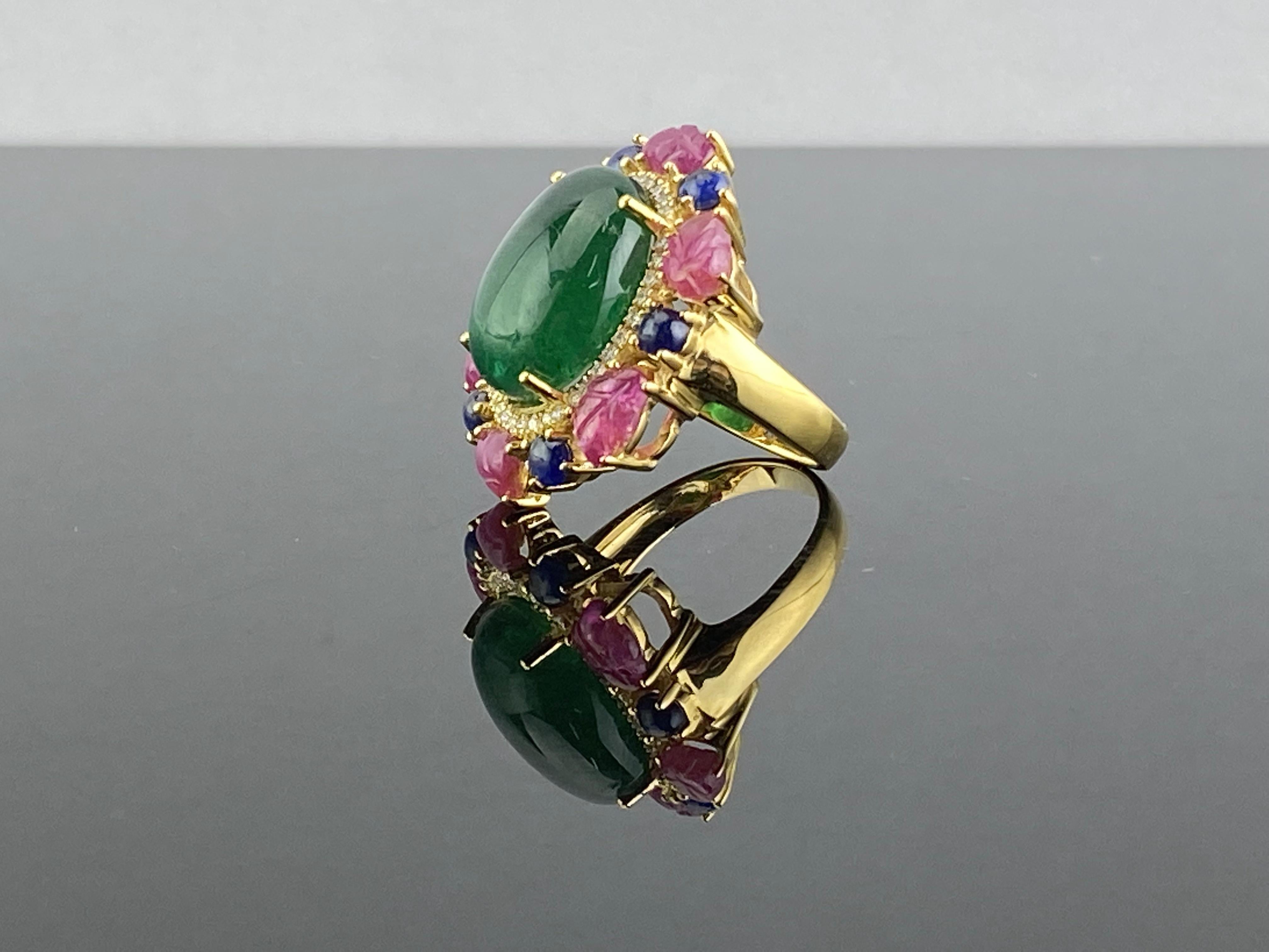 Art Deco Certified 12.80 Carat Emerald Cabochon, Ruby and Blue Sapphire Cocktail Ring For Sale