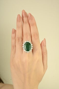 Certified 13.17Ct Emerald & 3.39Ct Diamond Halo Cocktail Ring in 18K White Gold