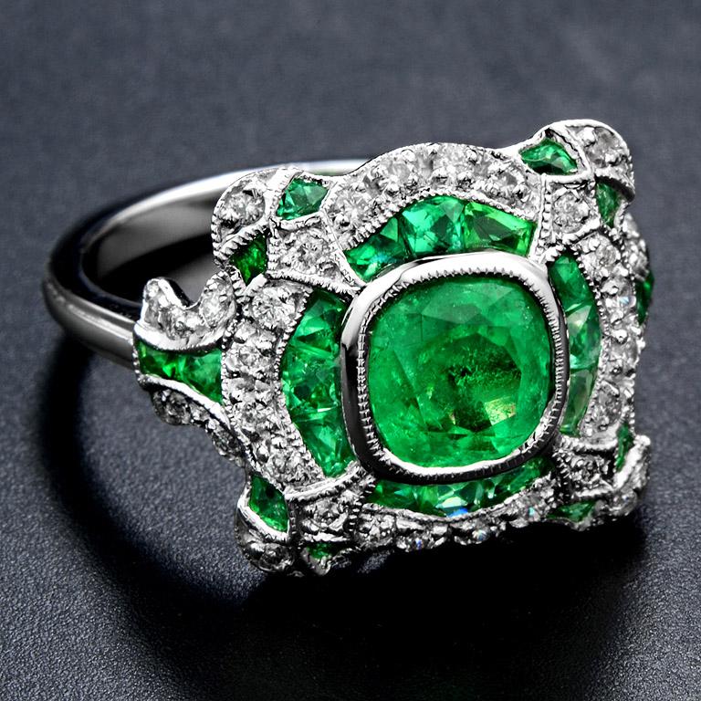 Art Deco Certified 1.34 Carat Natural Emerald Diamond Cocktail Ring