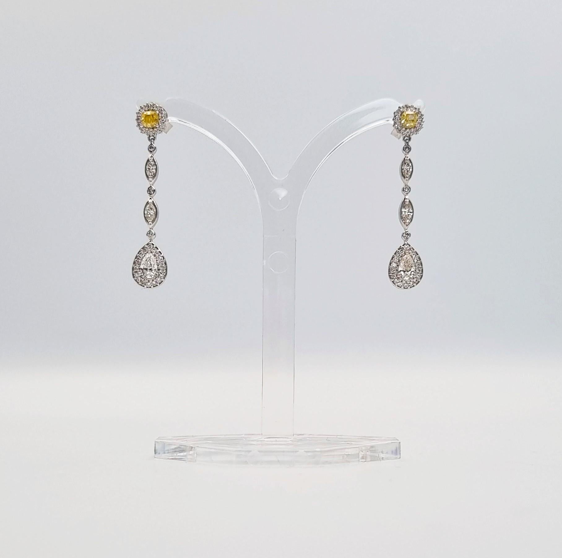 Art Deco Certified 1.34 Ct Natural Fancy Yellow Diamonds Drop Earrings For Sale