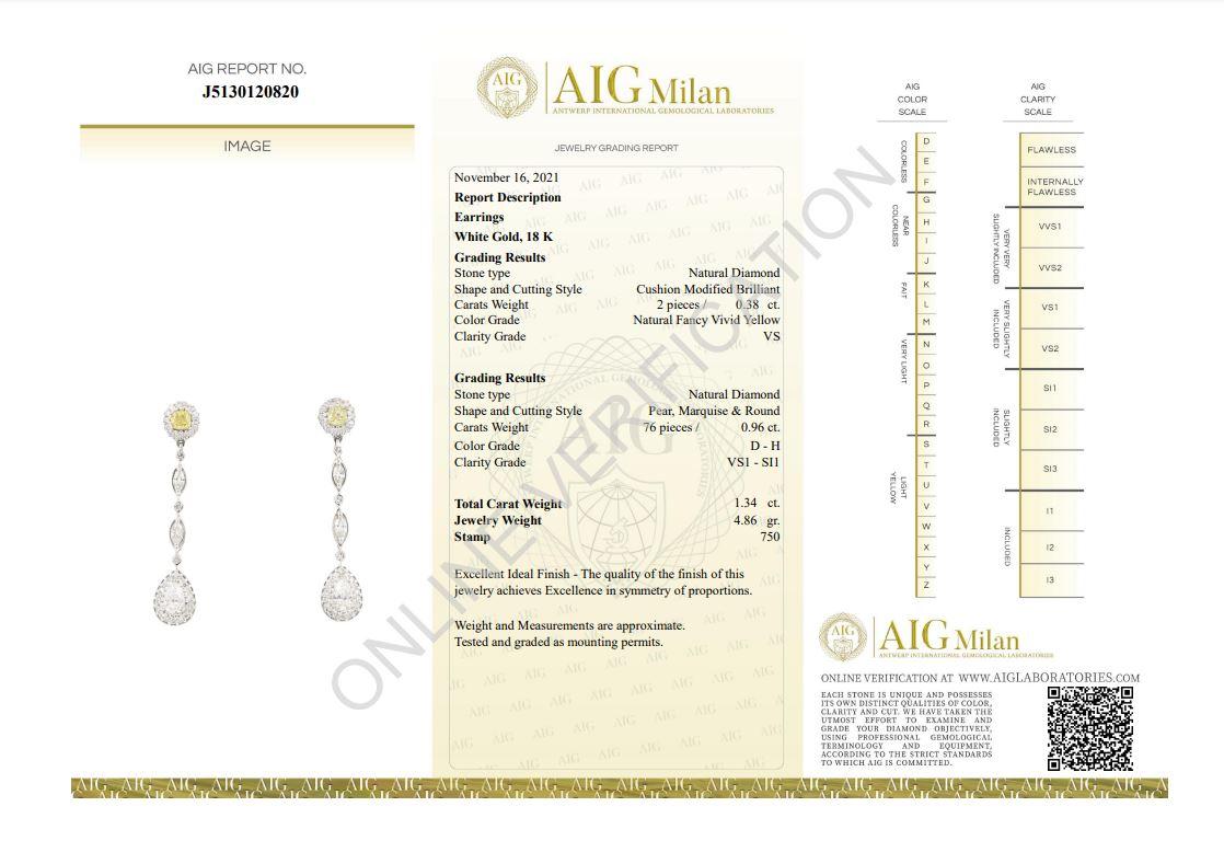 Antique Cushion Cut Certified 1.34 Ct Natural Fancy Yellow Diamonds Drop Earrings For Sale