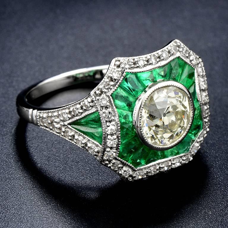 Art Deco Certified 1.35 Carat Diamond Emerald 18 Karat White Gold Engagement Ring