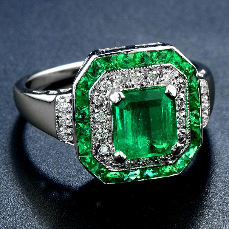 Art Deco Certified 1.35 Carat Natural Emerald Diamond Cocktail Ring