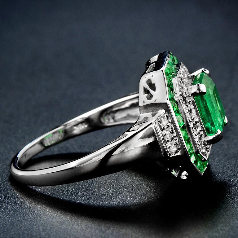Emerald Cut Certified 1.35 Carat Natural Emerald Diamond Cocktail Ring